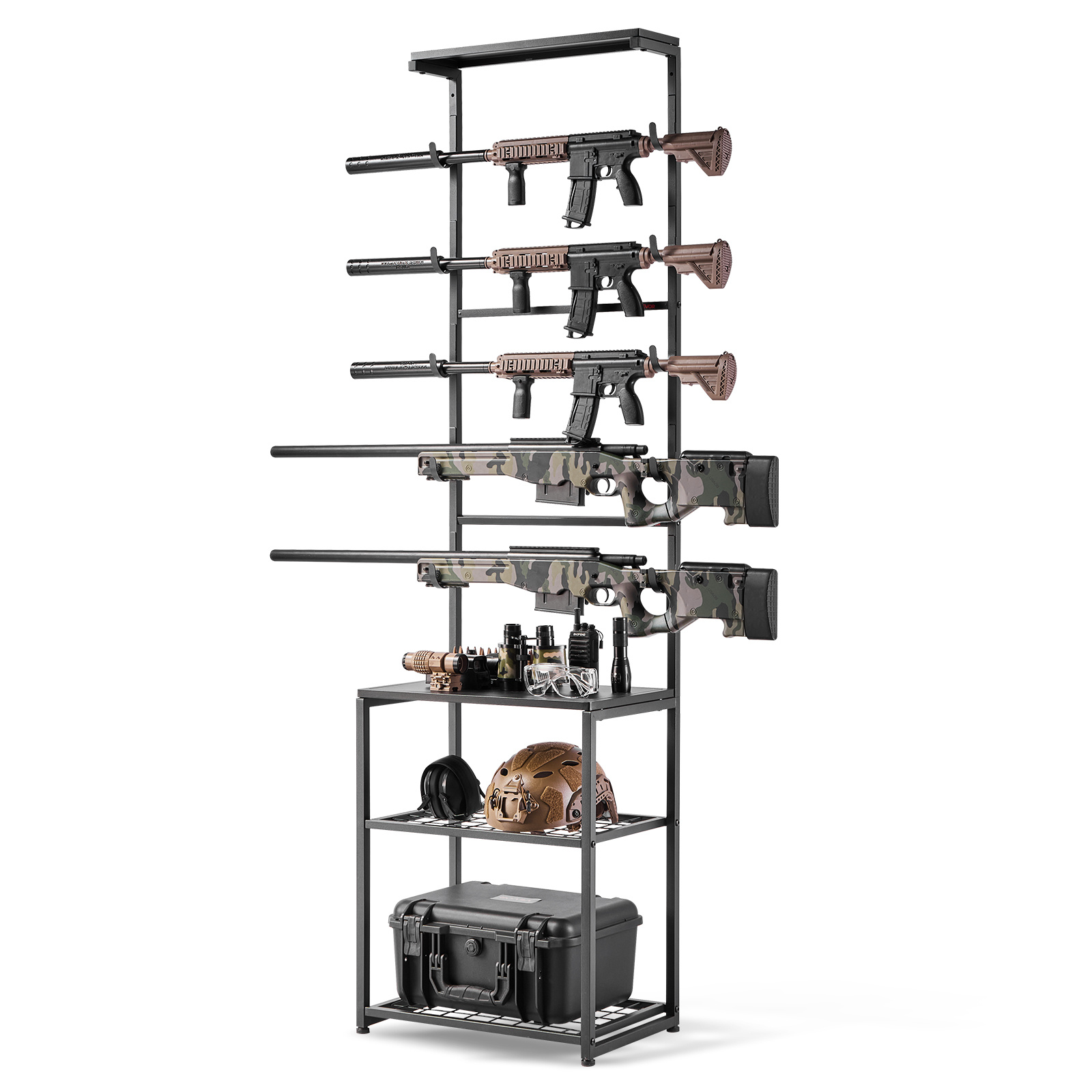 Vevor Gun Rack, Floor Standing, Indoor Rifle Rack Stand With Storage Shelf, For Wall Mount Gun Display Stand, To 5 Rifles, Heavy Duty Steel, For Home Garage Hunting Long Guns Storage