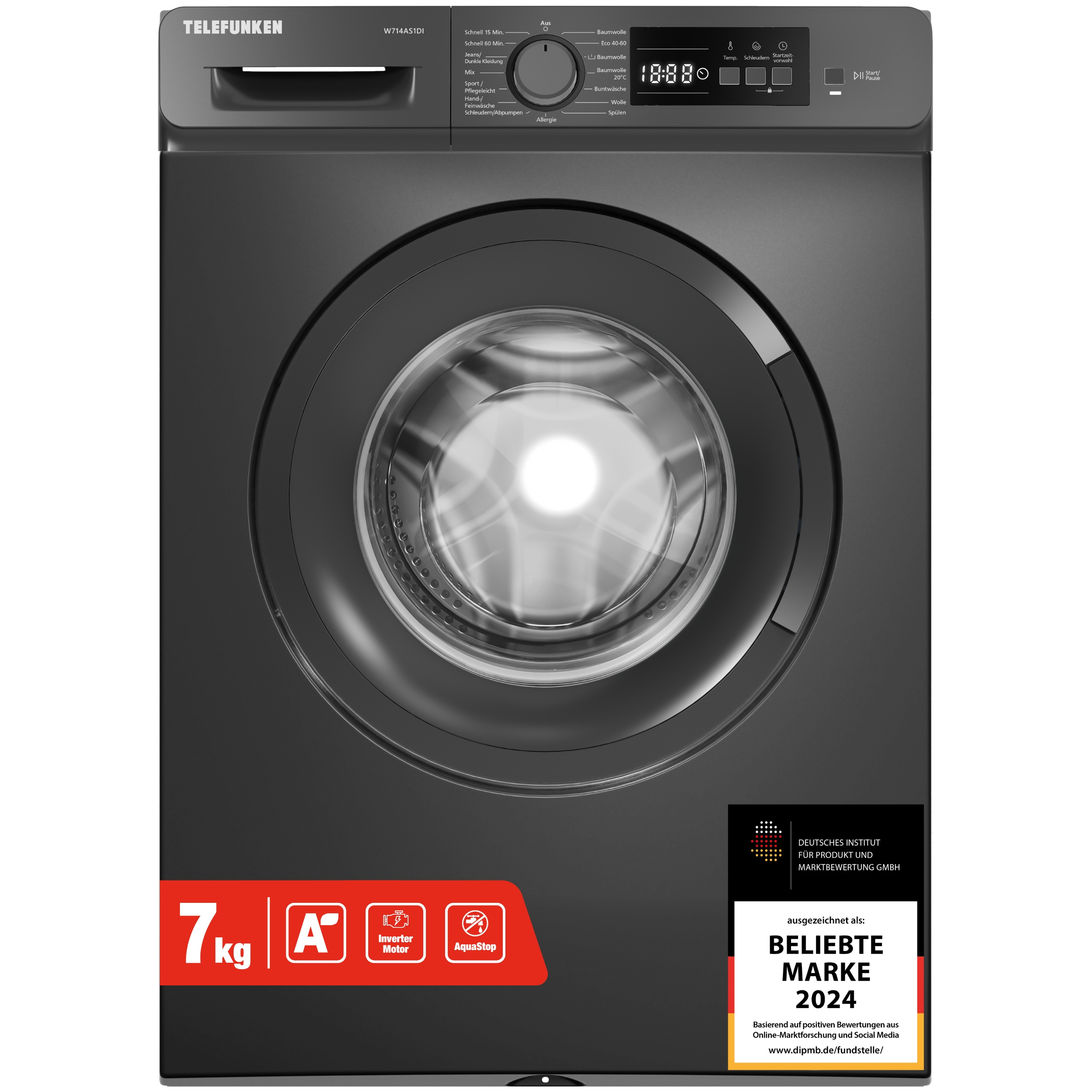 Image of Telefunken Washing Machine 7kg | Front Loader 1400 U/min. | Energy | Inverter Motor | | Gentle Drum | 15 Programs | Start Time Preselection | Child Safety Lock | W714as1di Dark