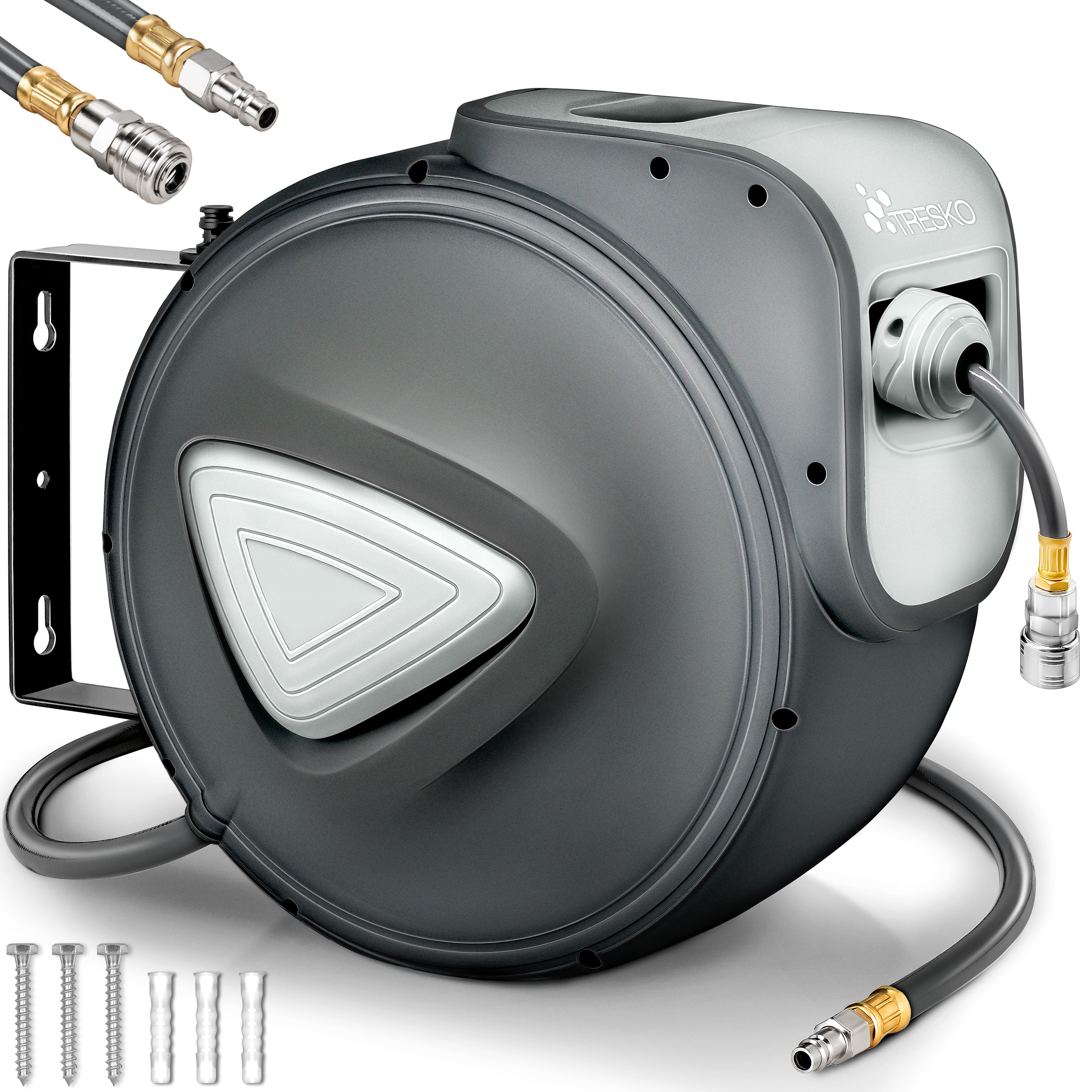 E-shop TRESKO® Schlauchtrommel automatisch | Druckluftschlauch Aufroller 1/4" Anschluss | Wandschlauchhalter Automatik Schlauchaufroller