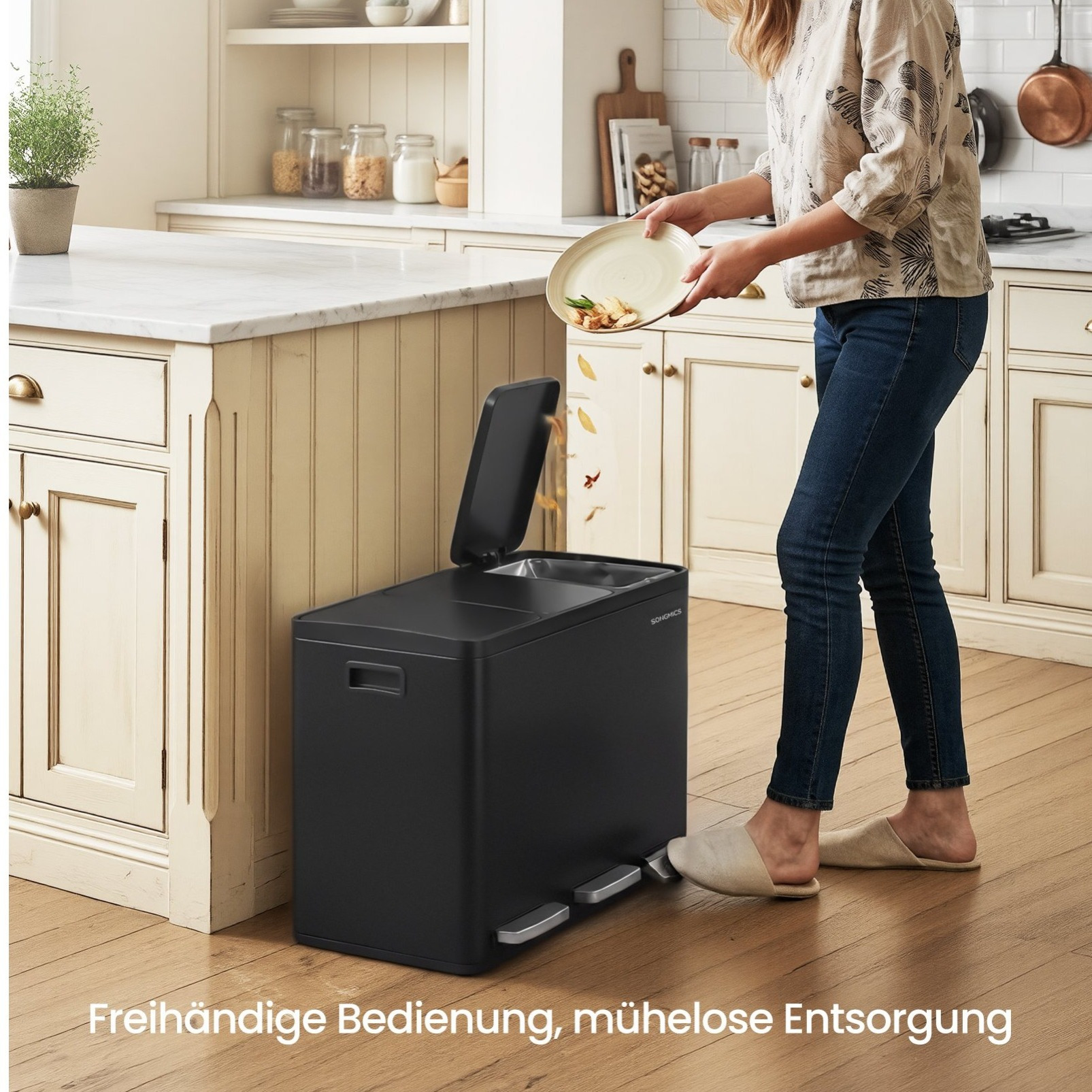 Trash Can 3 X 15 L, Waste Bin 3 Compartments, Waste Sorting System, Step-on Trash Can With Lid, Removable Inner Bucket, Suitable For Kitchens And Bedrooms.