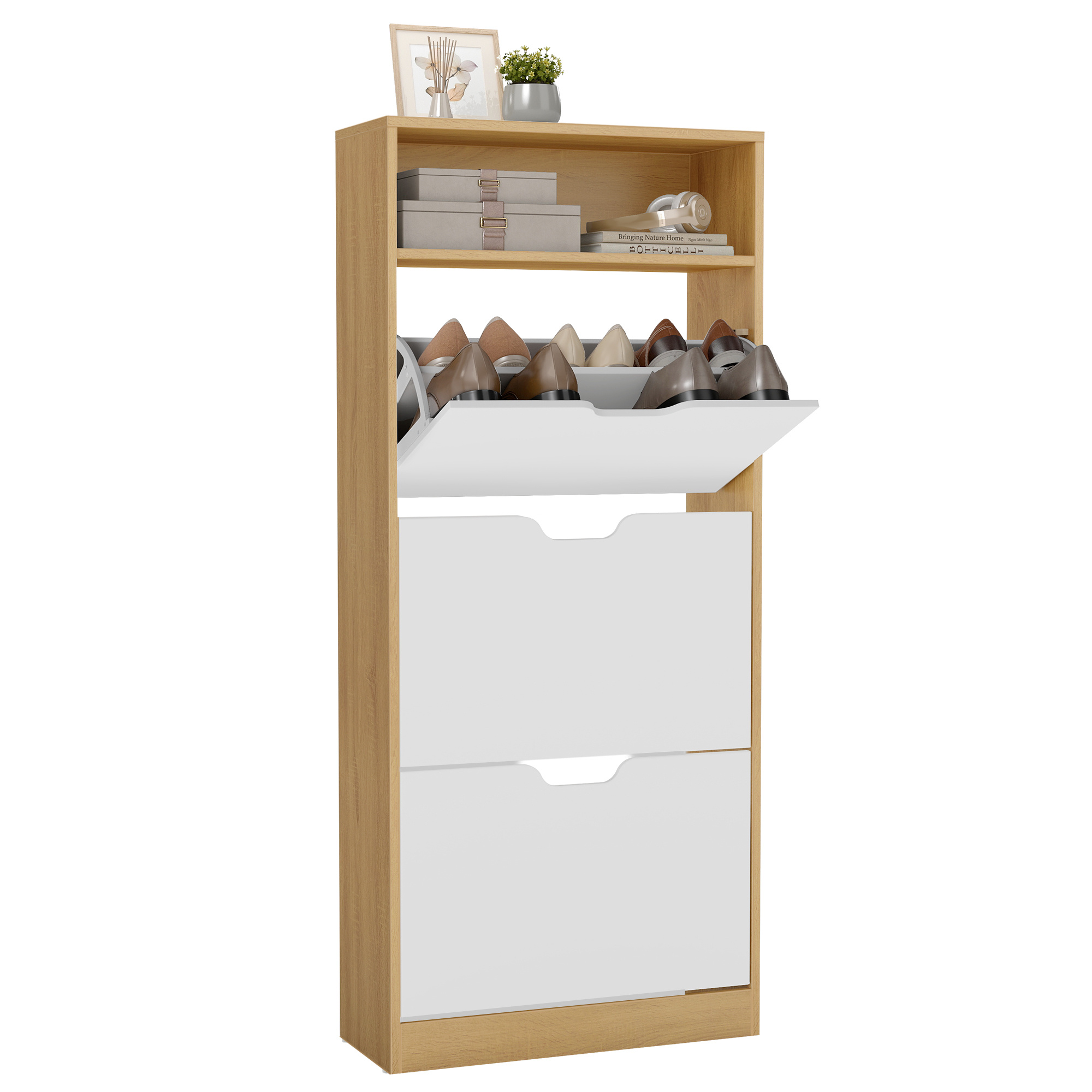 Shoe Rack With 3 Flaps, Adjustable Divider, Open Compartment Shoe Storage, 24 X 60 X 139 Cm, Chipboard, Oak-white