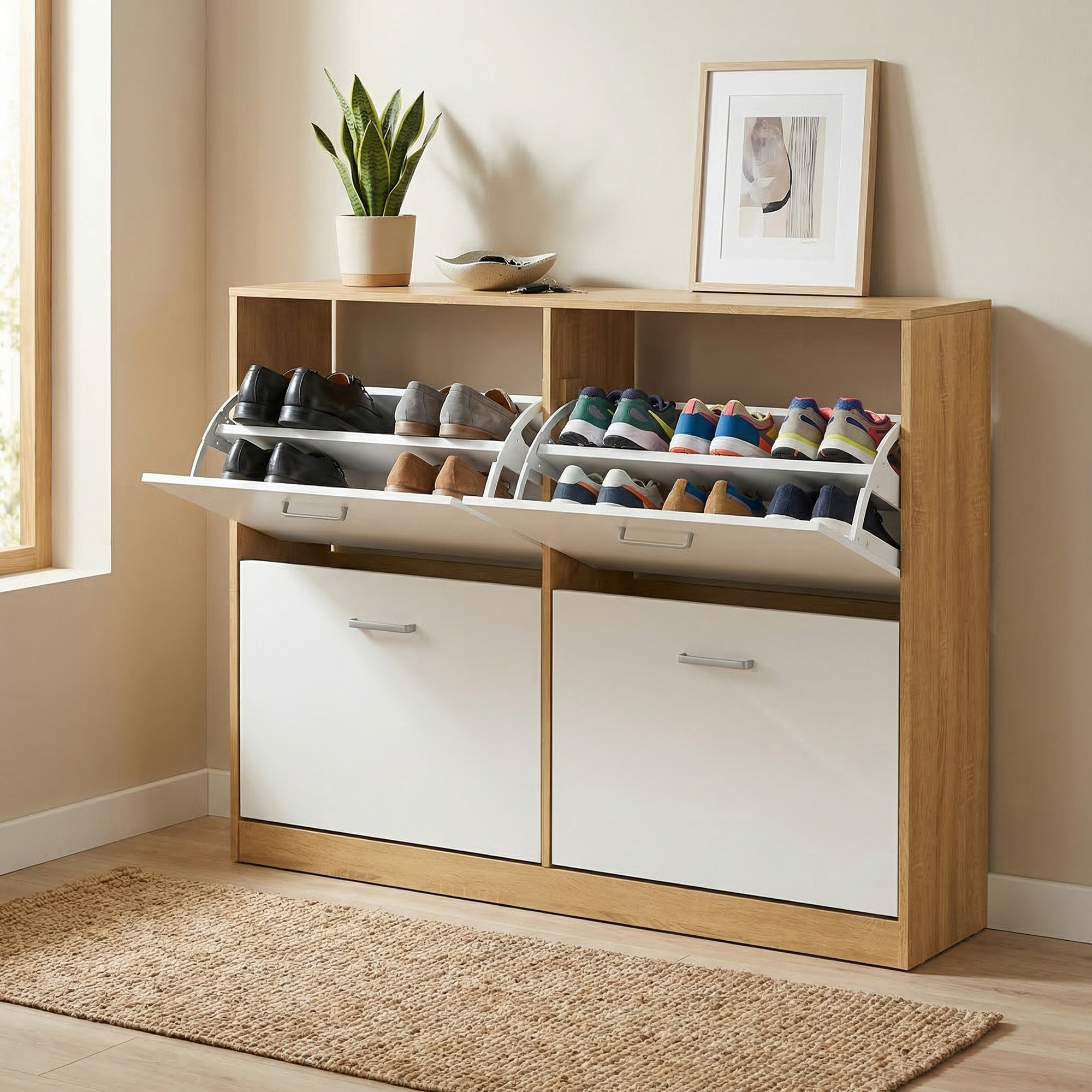 Shoe Storage With Adjustable Partition, Shoe Rack, , Hallway, For 16-28 Pairs, 24 X 105.5 X 82.7 Cm, Wood Chipboard, Oak-colored
