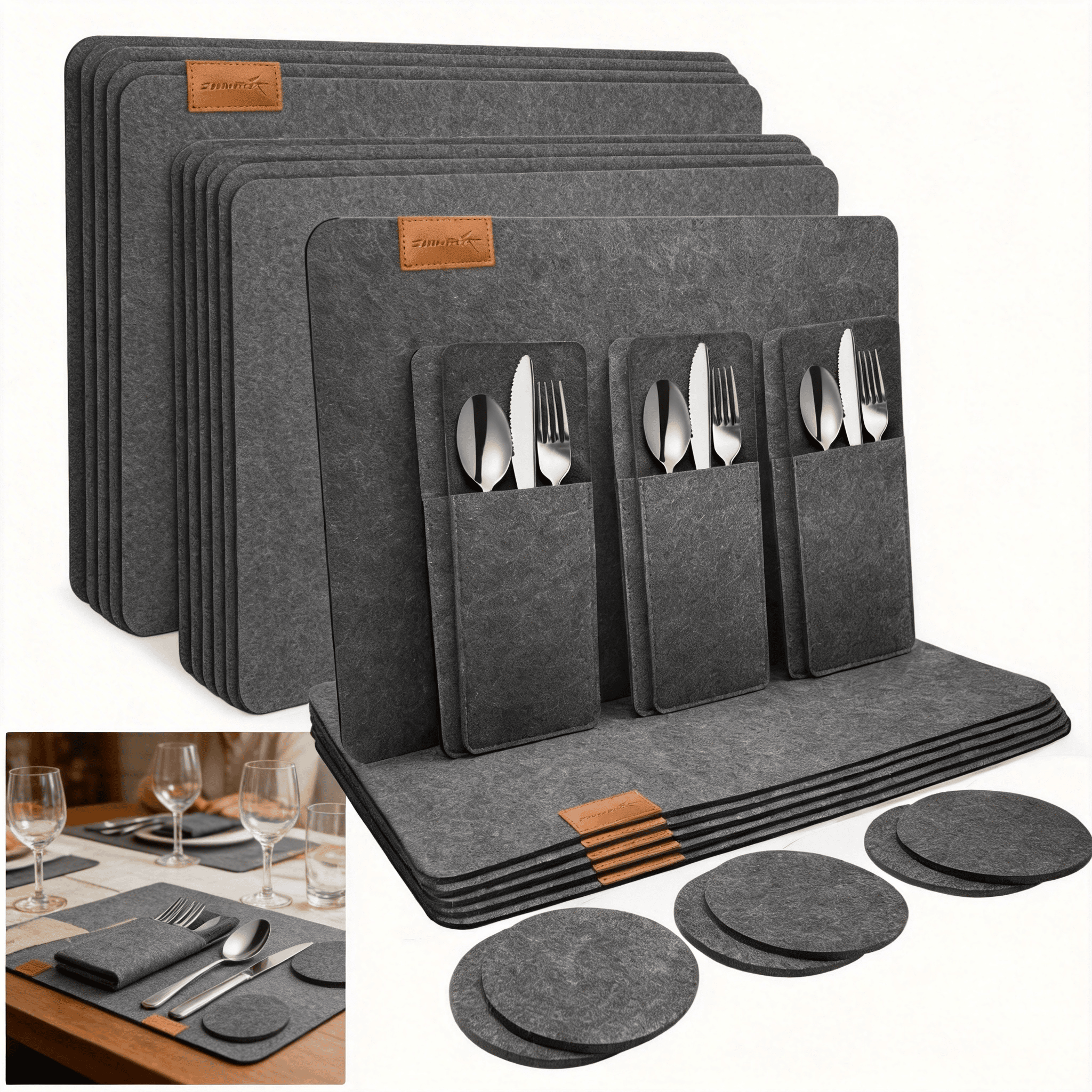 E-shop 18-teiliges Filz-Tischsets Set in Dunkelgrau mit 6 Tischsets, 6 Bestechtaschen und 6 Untersetzern, elegante Tischdekoration für Partys und