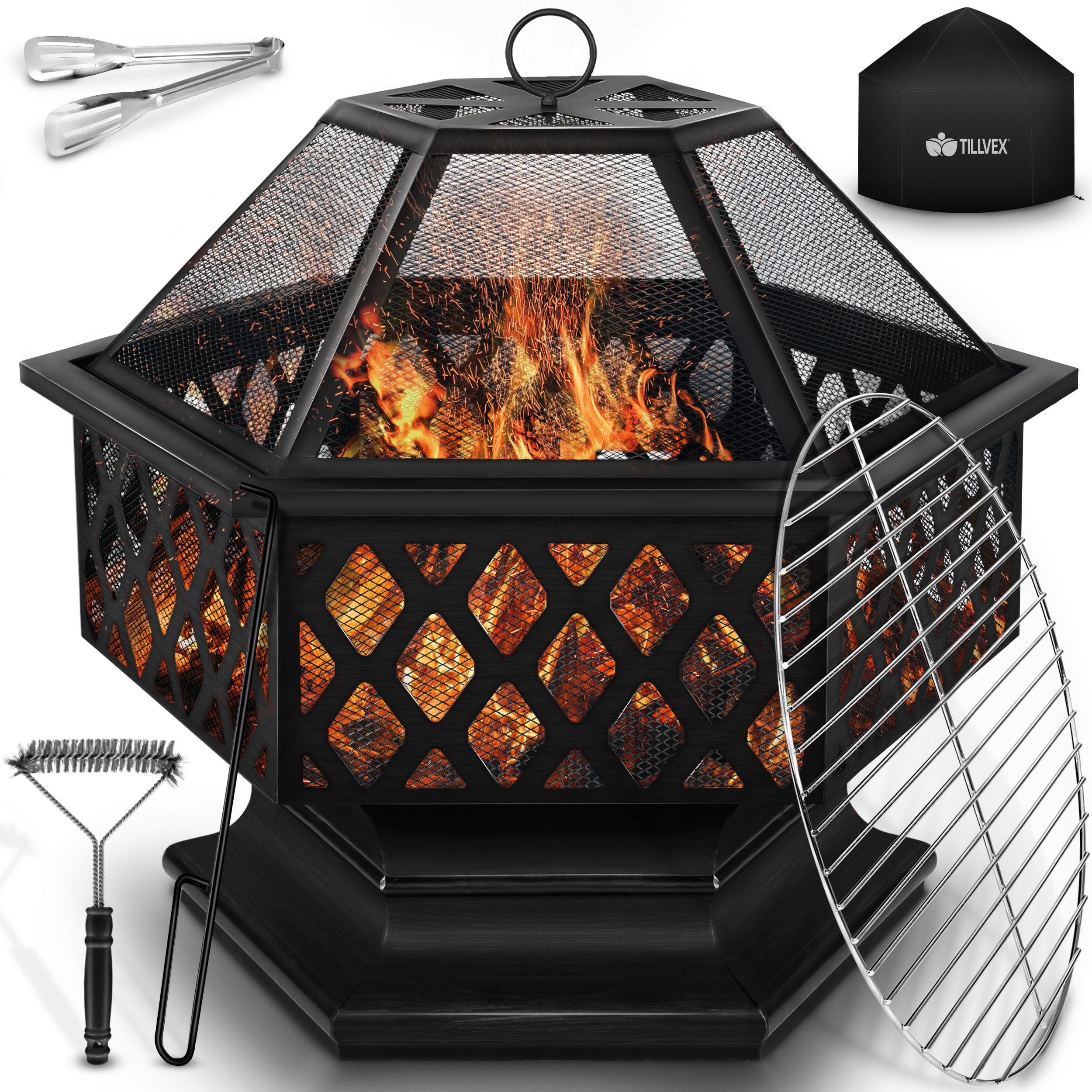 Image of Tillvex® Fire Bowl Outdoor With , Grill Grate & Cover | Outdoor Fire Pit For The Garden With Grill Function | 4 In 1 Bbq Basket Fire Pit For Outdoors With Poker, Tongs & Coal Grate