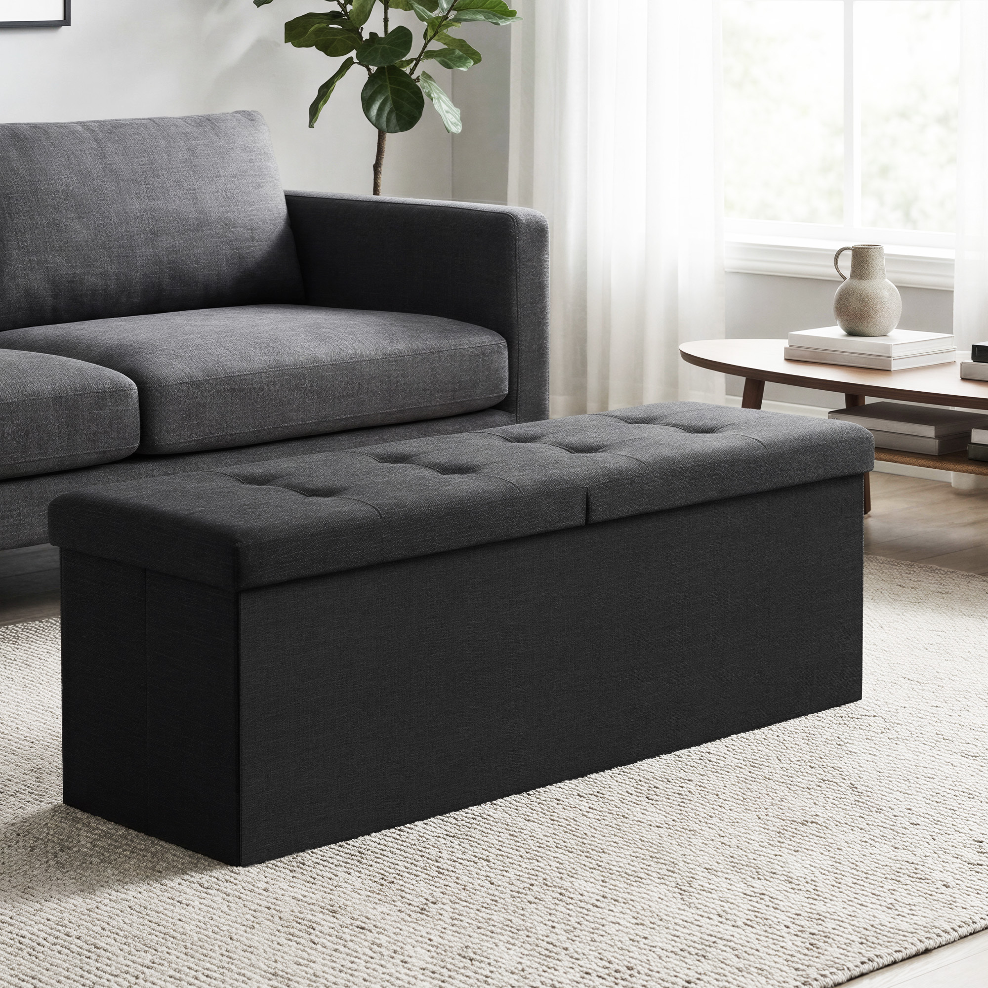 Bench With Storage, Foldable Stool, Storage Box, 38 X 110 X 38 Cm, Lid Foldable, Loadable Up To 300 Kg, Black