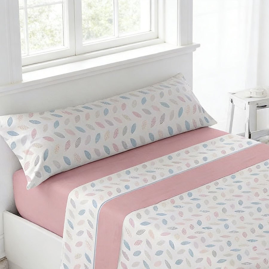 juego de cama de 3 piezas con estampado   | sábana bajera, colcha,   de almohada | estampado   de hojas coloridas | tela   | 90 cm - varios tamaños disponibles - rosa