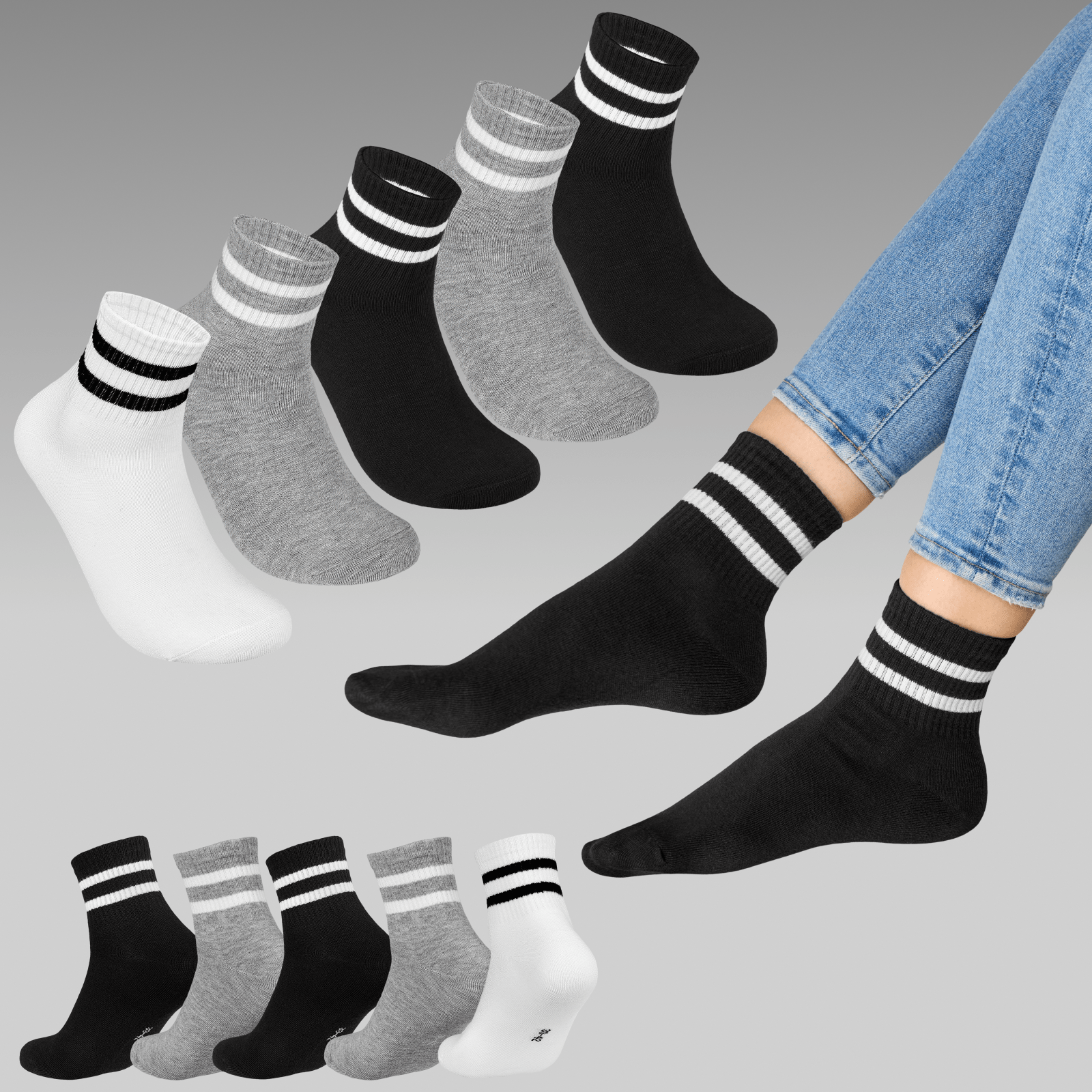 E-shop Sport Socken Unisex mit Streifen – Baumwolle Tennissocken ohne Naht atmungsaktiv 5/10/ Paar Mehrfarbig Größe 35–46
