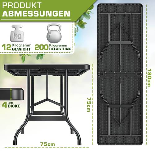 foldable garden table 180x75cm weatherproof camping table buffet table plastic with carrying handle folding table for camping and balcony party table for 6 people black