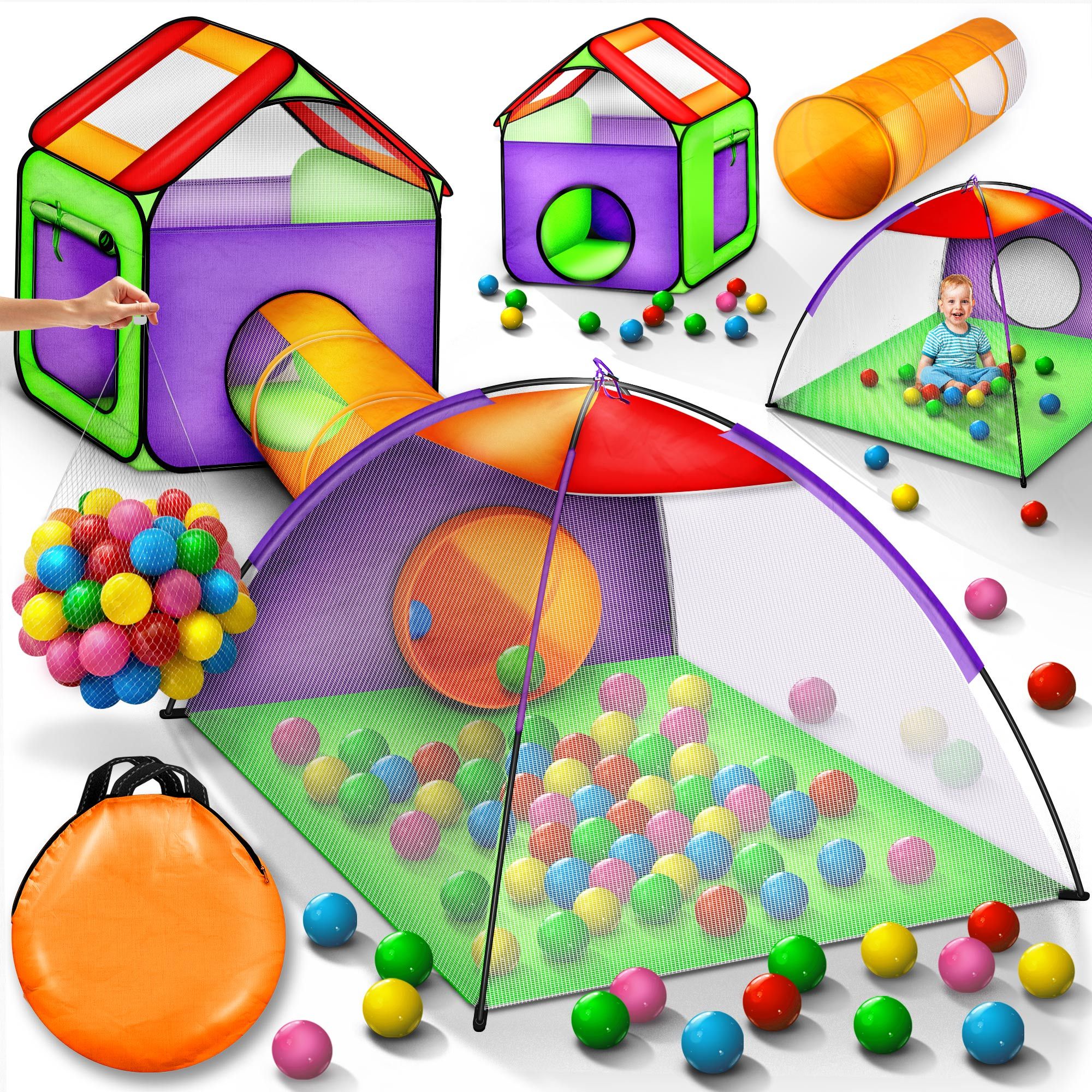 Image of ® Ball Pit + 200 Balls + Crawl Tunnel & Bag Pop- Play Tent Kids Playhouse For Indoor And Outdoor Play