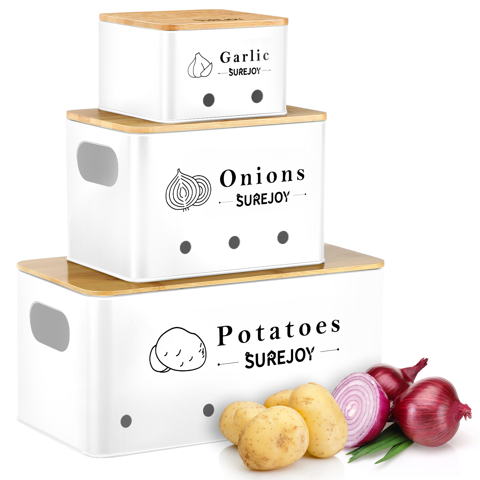 E-shop Kartoffel Aufbewahrungsbox 3er Set, Vorratsdosen für Zwiebel Knoblauch Aufbewahrung, Hält Gemüse Länger Frisch, Küche Organizer Knoblauchtopf