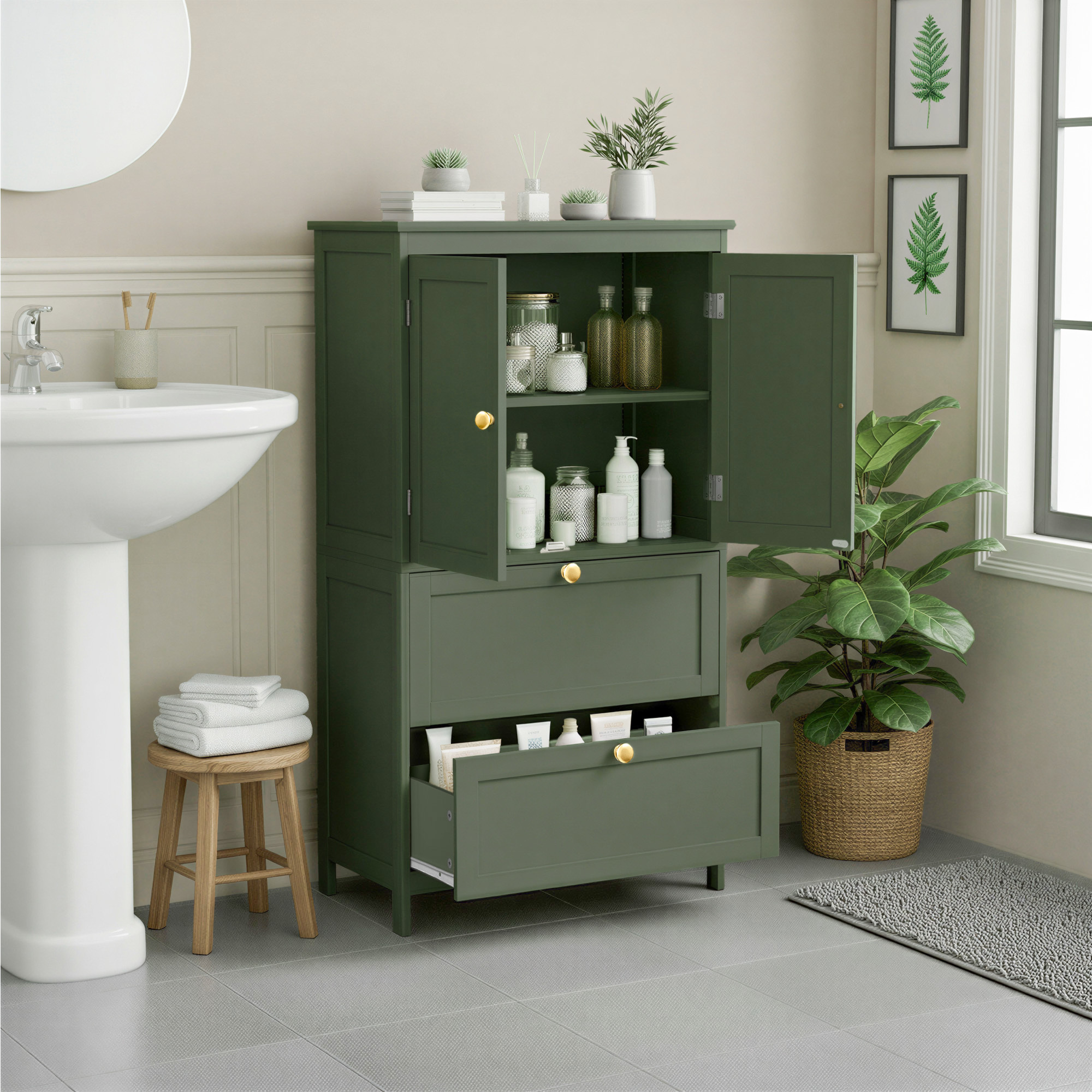 Bathroom Cabinet With 2 Doors And 2 Drawers, Adjustable Shelves, Mdf, 30 X 60 X 110 Cm, Green