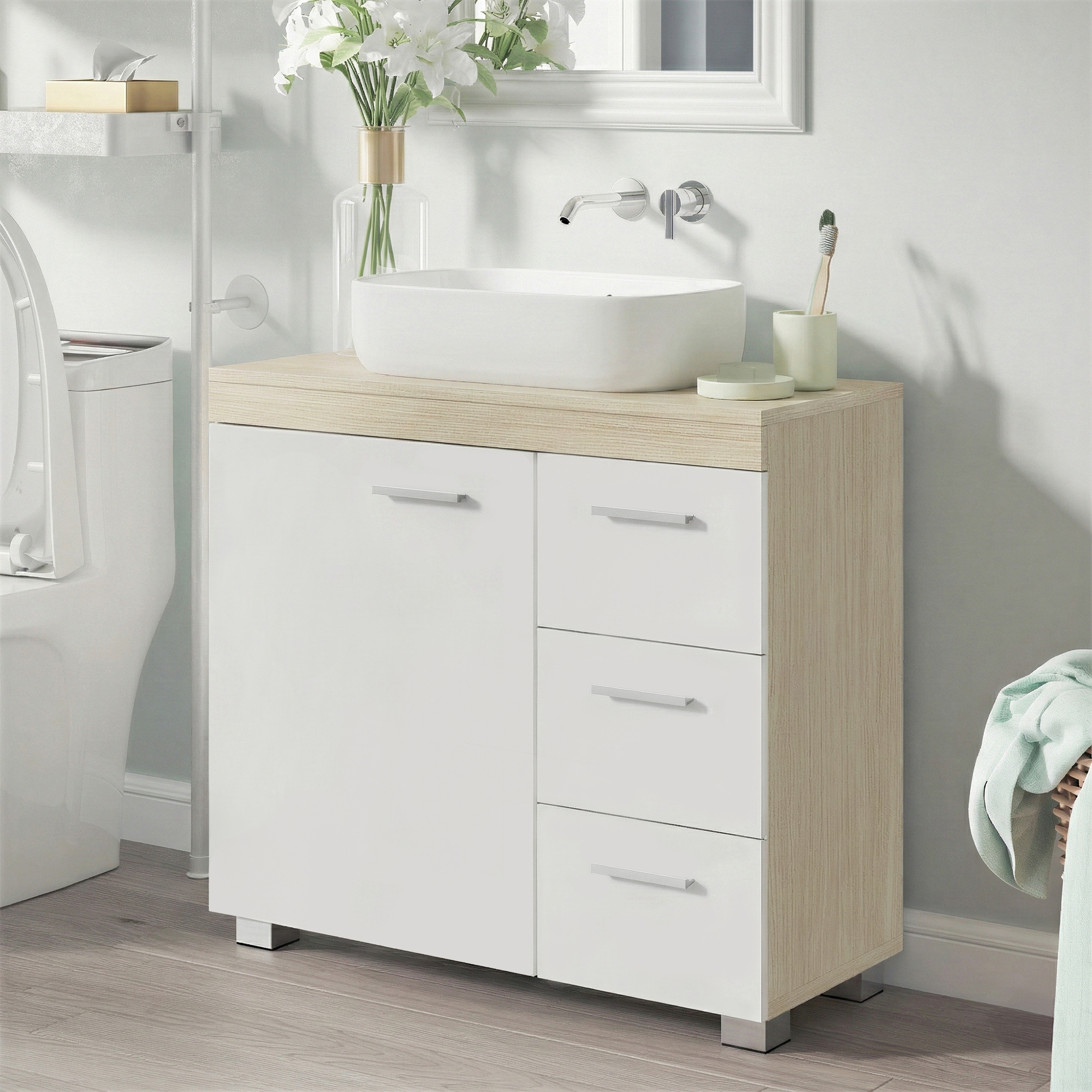 Image of Under-sink Cabinet, Bathroom Cabinet, 3 Large Drawers, 2 Compartments, Feet, For Sink With Column, Medium-density Fiberboard, 30 X 70 Cm, White-gray