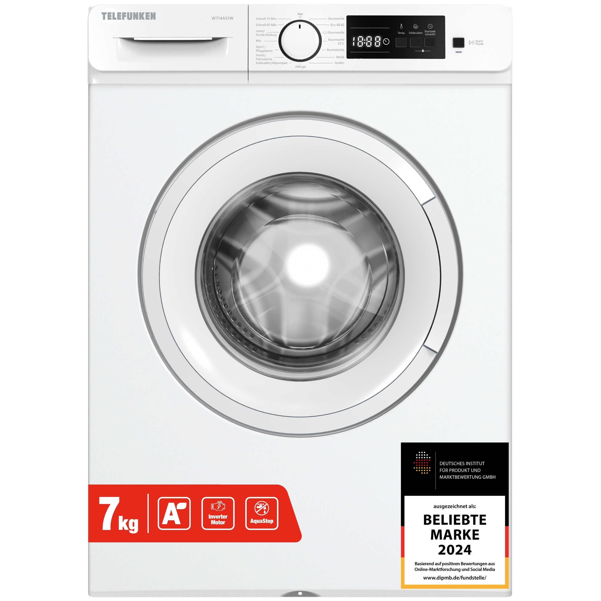 Image of Telefunken Washing Machine 7kg | Front Loader 1400 U/min. | Energy | Inverter Motor | | Gentle Drum | 15 Programs | Start Time Preselection | Child Safety Lock | Led Display | W714as1w White