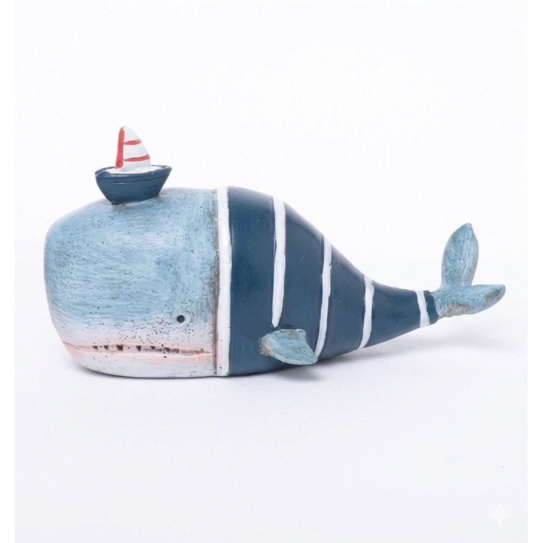 Image of Cute Decorative Whale In Sailor Style – Maritime Figure With Sailboat Or Sailor Hat – Hand-painted Coastal Decor For Bathroom & Shelf – Blue-white-red Summer Decoration