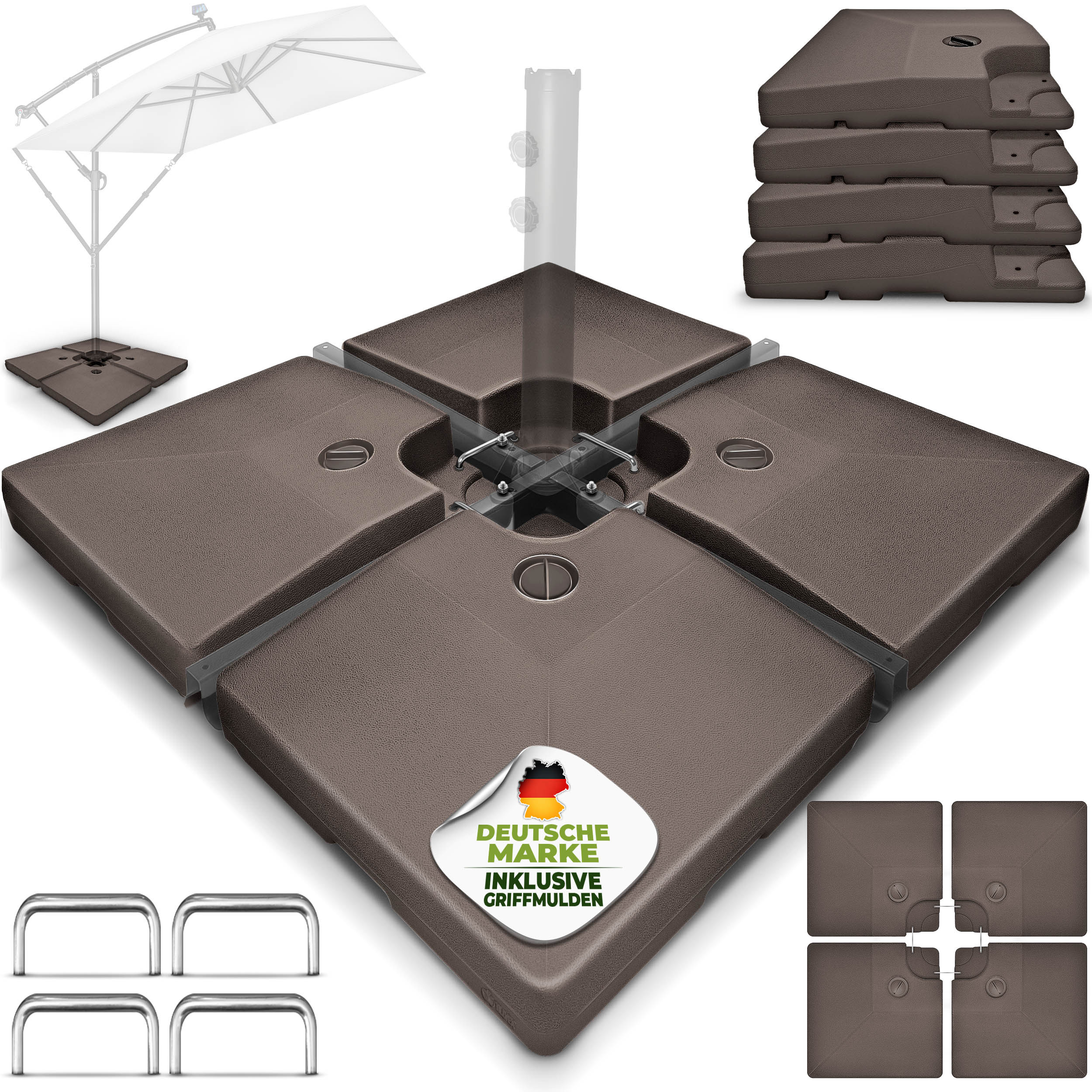 TEMU Tillvex® Soporte para Sombrillas de 90 Litros / 120 kg – Juego de 4 Piezas para Sombrillas de con Conectores Metálicos | Rellenable con Agua o