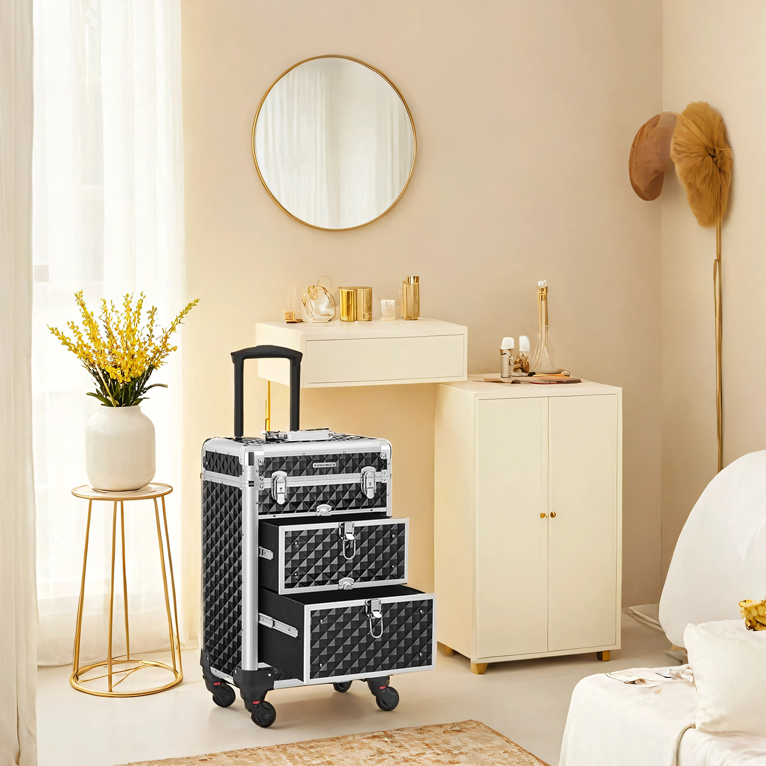 Image of Cosmetic Case, Makeup Case With 2 Drawers, Hairdresser Case, 34.1 X 24.1 X 56.1 Cm, Swivel Wheels, Aluminum Frame, Mdf, Black