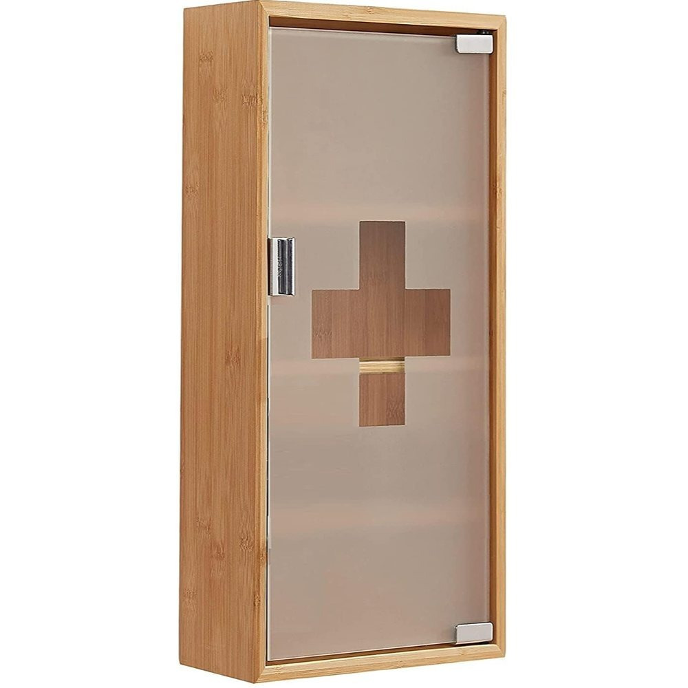 Bamboo First-aid Cabinet Wall-mounted | 3/4 Compartments | Glass Door With Prominent Cross | Bathroom/kitchen Emergency Organizer