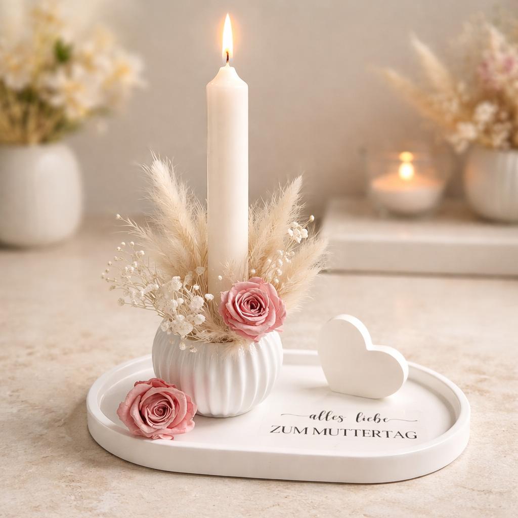 Image of Mother's Day Gift Set - Candle Holder With Dried Flowers & Tray - Decor - Set " For Mother's Day" - Personalized Design