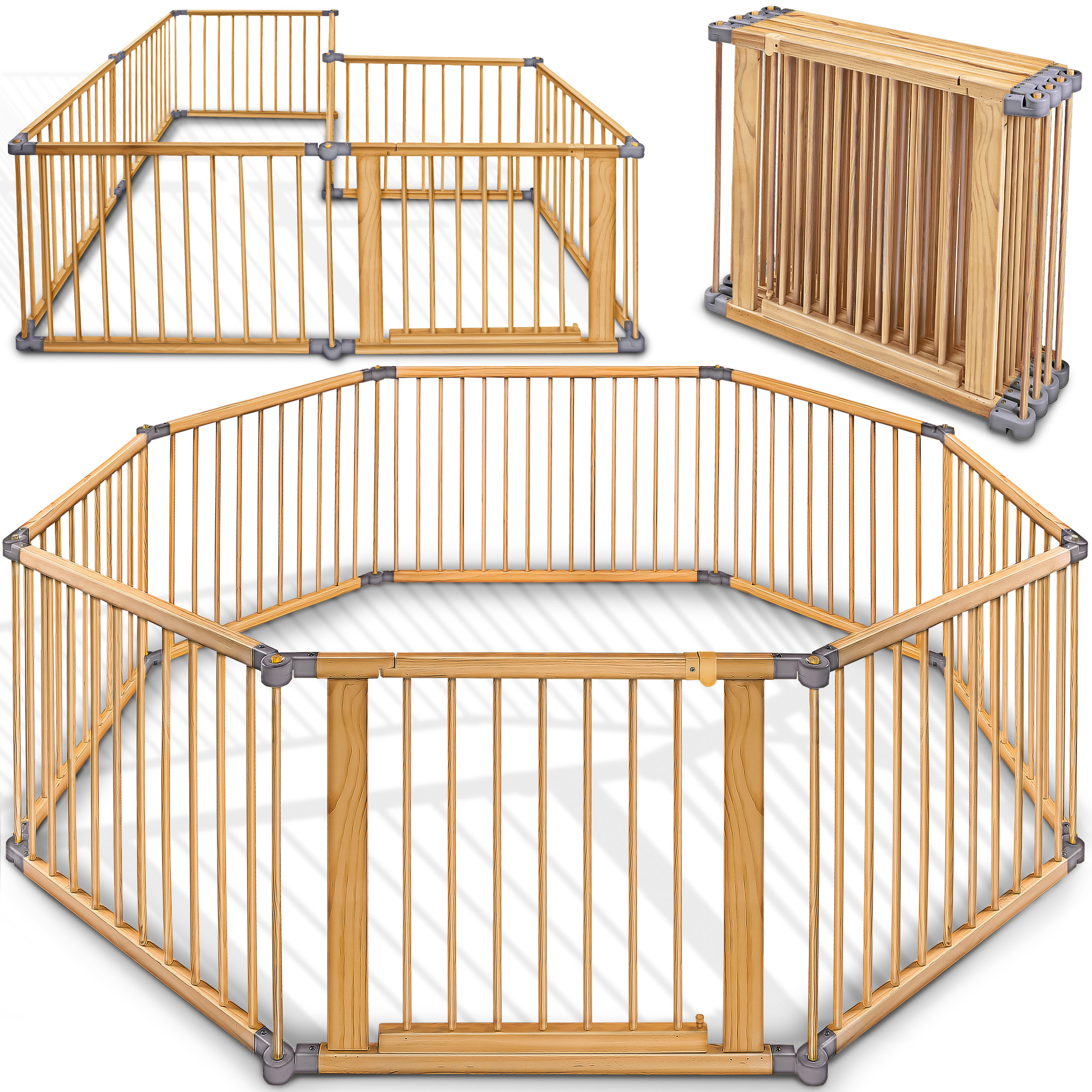 E-shop ® 7,2 Meter Baby Laufgitter XXL faltbar inkl. Tür | Laufstall Holz mit doppelter Sicherung | Absperrgitter Krabbelgitter für Kinder inkl. 8