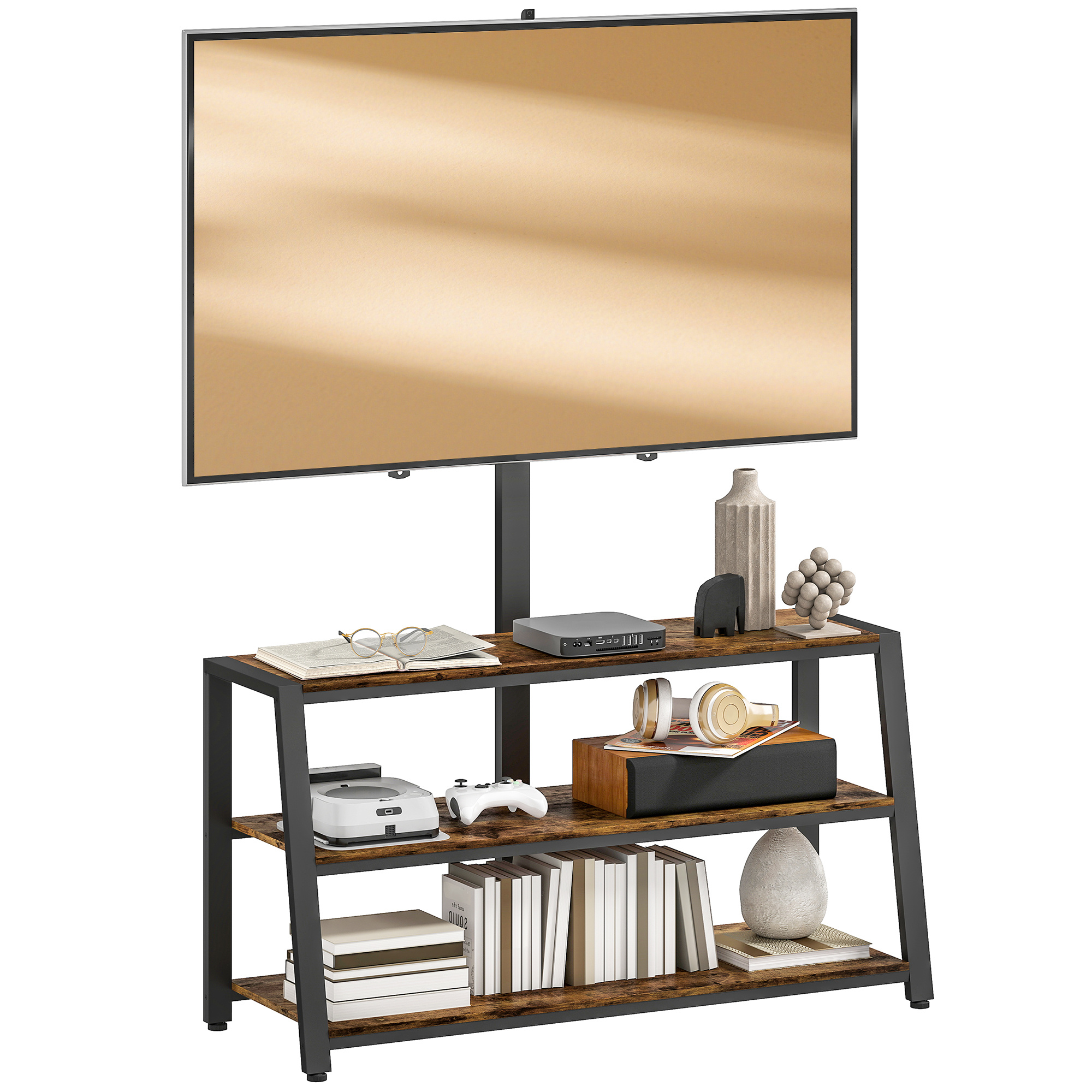 TEMU HOMCOM Meuble TV avec support orientable 35°, meuble télé pour téléviseurs de 32-70 pouces, étagères ouvertes, banc TV industriel pour salon