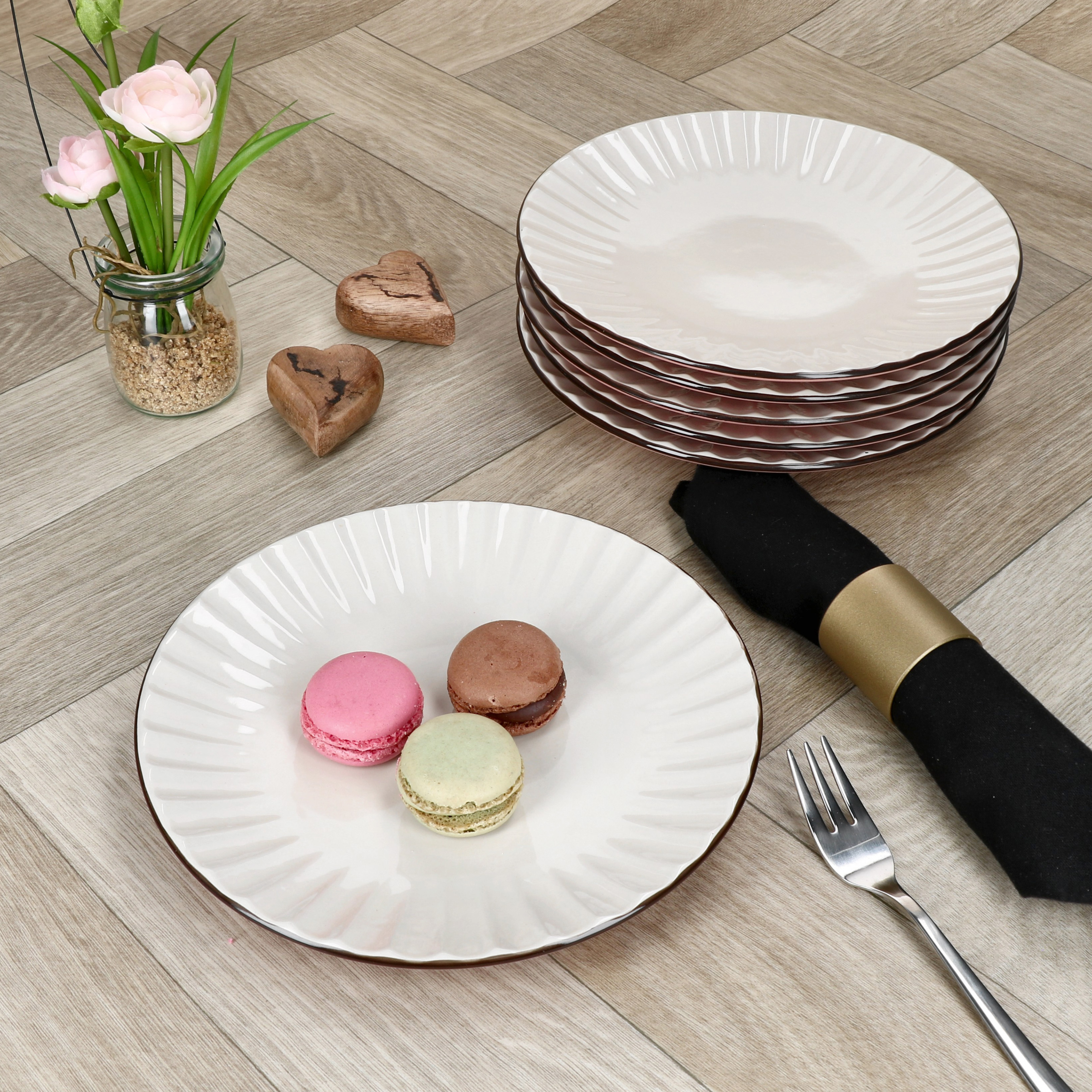 Mäser Rose White 6x Cake Plate Pink Cream Stoneware Dish Breakfast Plate