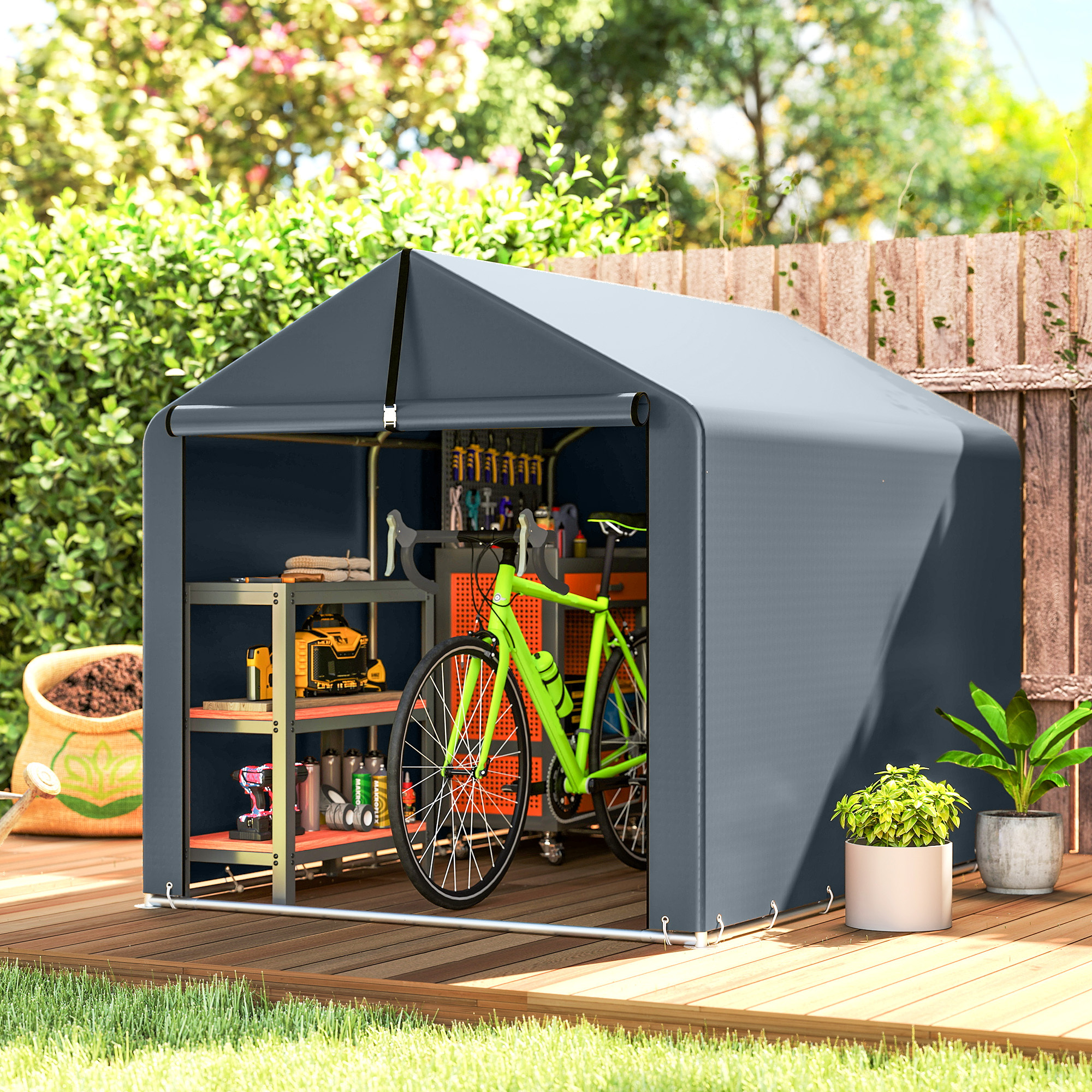 Image of Garage Tent 2.2 X 1.6 M Waterproof Equipment Tent With Roll Bar Zip Door Roof , Uv-resistant Storage Tent, Tent Garage Shelter For Garden Tools And Equipment Dark Grey.