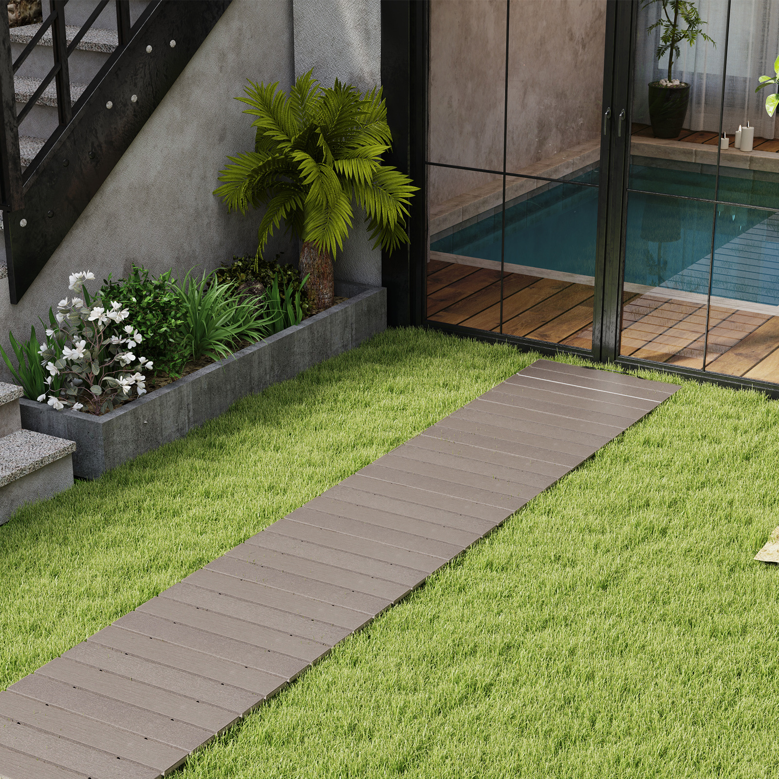 Image of 8 Ft Outdoor Garden Pathway, Patio Roll Out Straight Walkways W/ Metal Wire Connection, Non-slip Surface, Weather-resistant Decorative For Wedding Party Yard Beach, Gray
