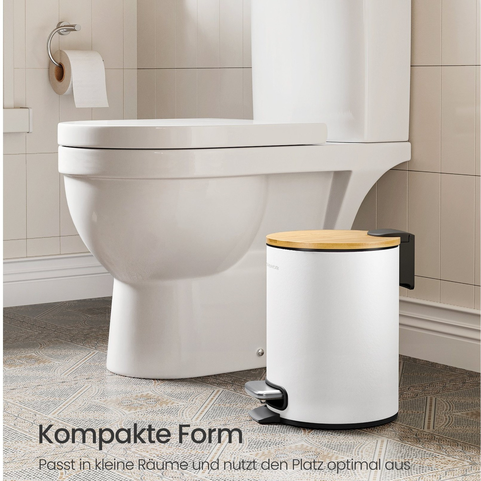 Image of Bathroom Trash Can 3 Liter, Cosmetic Bin With Bamboo Lid, Step-on Waste Bin For Bathroom, Black