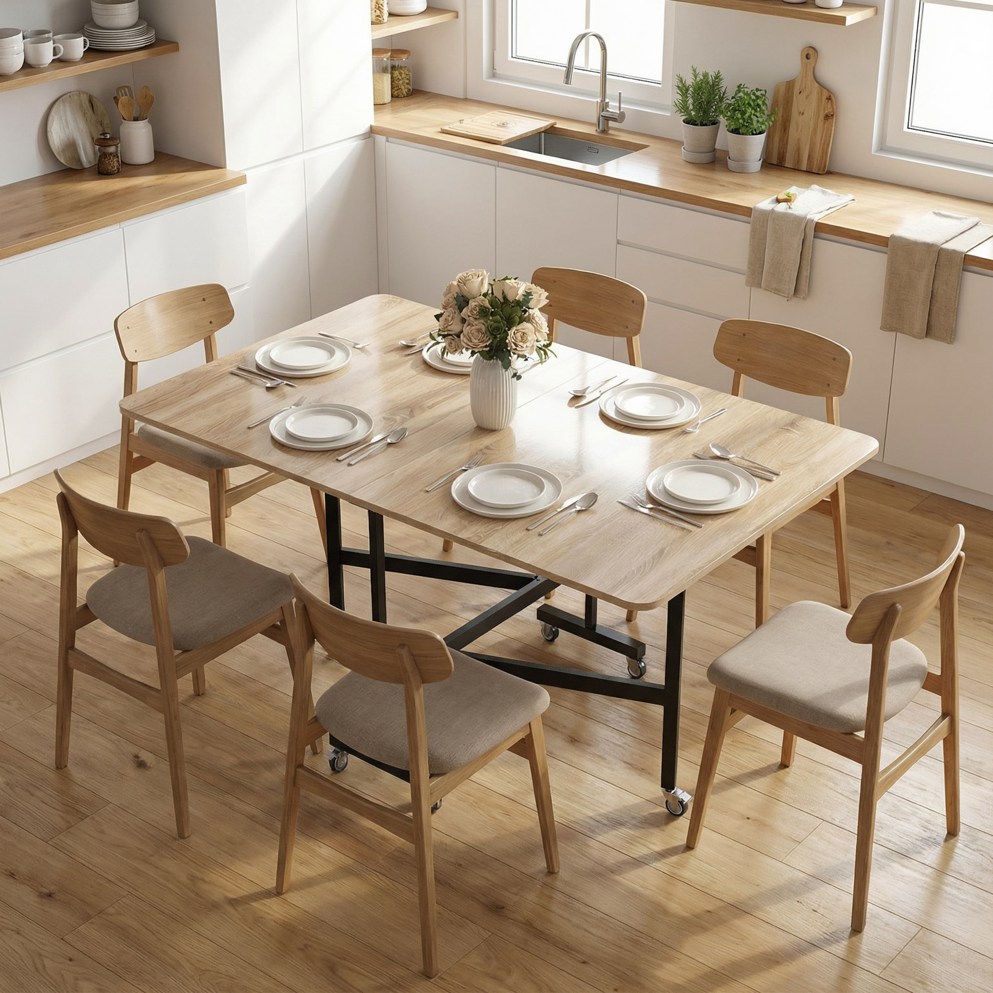 Image of Folding Dining Table For 4-6 People With Wheels, Steel Legs, Mobile Folding Table For Small Spaces, Dining Room, Kitchen, 120 X 80 X 73 Cm, Oak