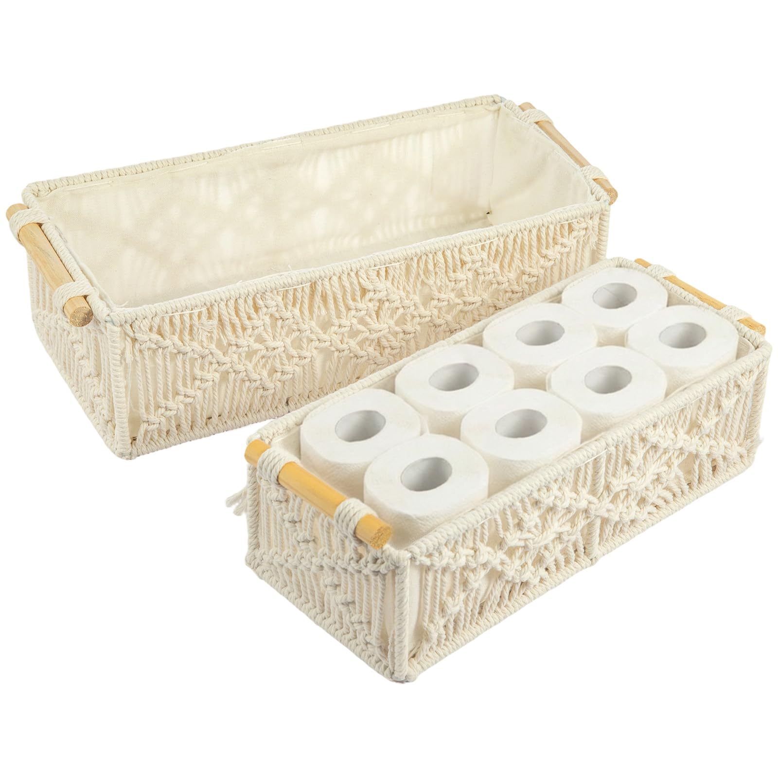 Boho Macrame Storage Baskets (set Of 2) – Handcrafted Braided Organizers With Soft Fabric Lining & Practical Handle – Ideal For Bathroom, Closet &