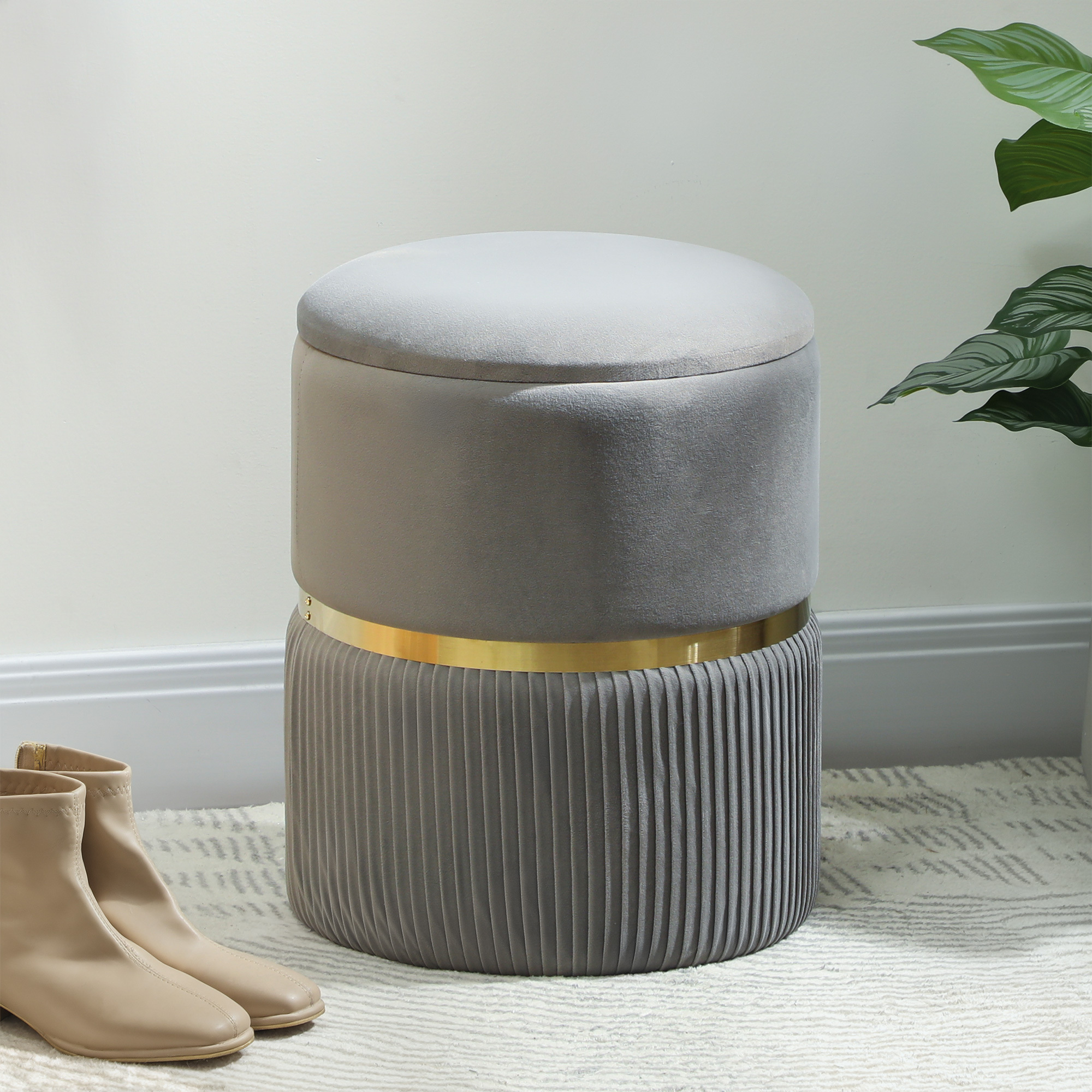 Image of Ottoman With Storage, Round Stool With Removable Lid, 36 X 36 X 44 Cm Upholstered Stool With Velvet Optics, For Living Room, Bedroom, Light Grey