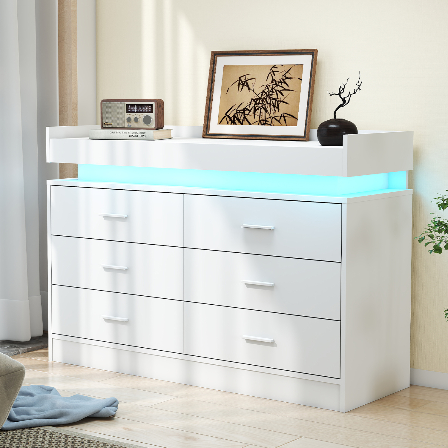 Image of Modern Dresser With 6 Large Drawers, Dresser With Led Lighting, Tabletop With , Bookshelf Dining Cabinet For Bedroom And Living Room, Kitchen Cabinet, 117 X 40 X 80cm, White
