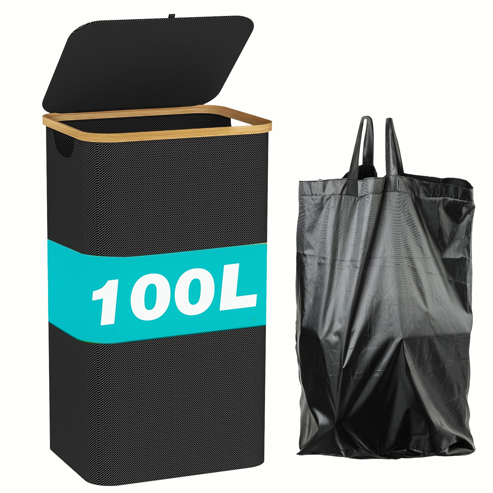 E-shop 100L Wäschekorb mit Deckel, faltbarer Wäschekorb, Fächer mit abnehmbarem Wäschesack, Wäschekorb mit Bambusgriff