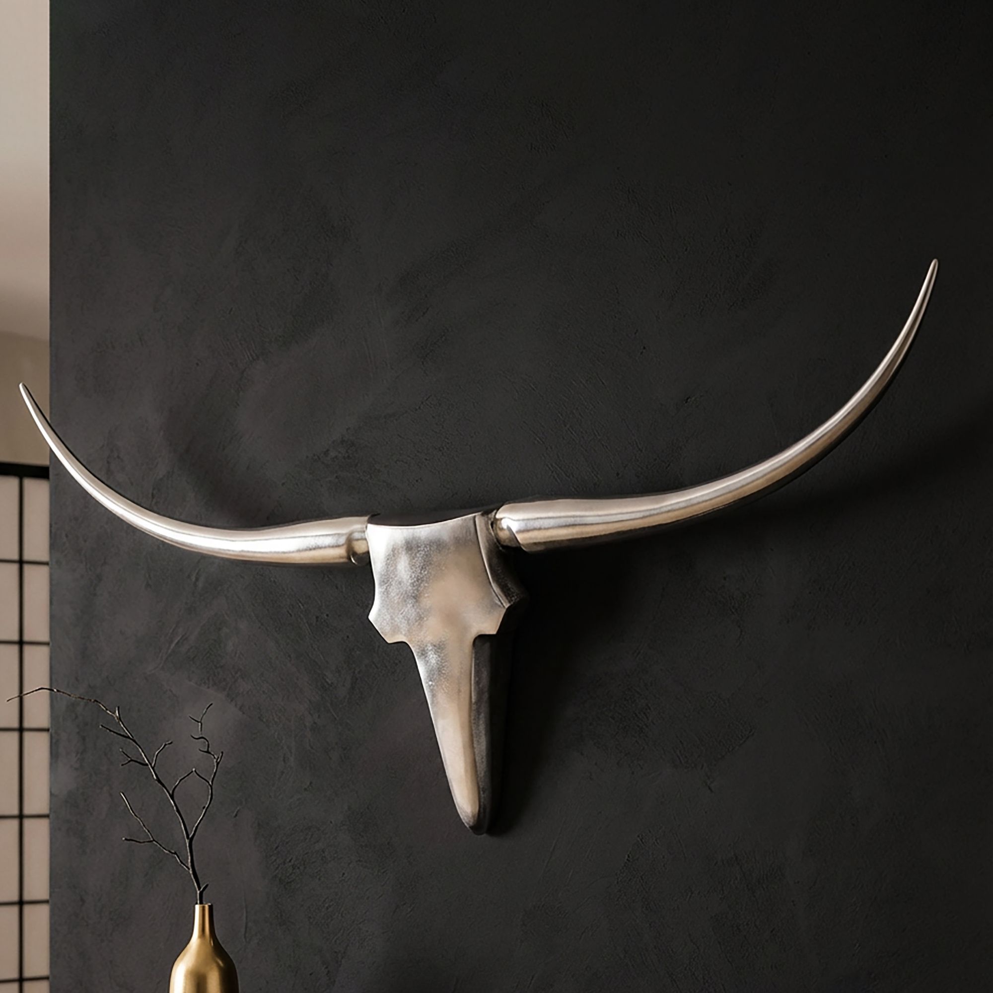 Image of Bull Antler L Wall Decoration 125cm Wide Aluminum Silver Aluminum Decoration Wall Antler Wall Design