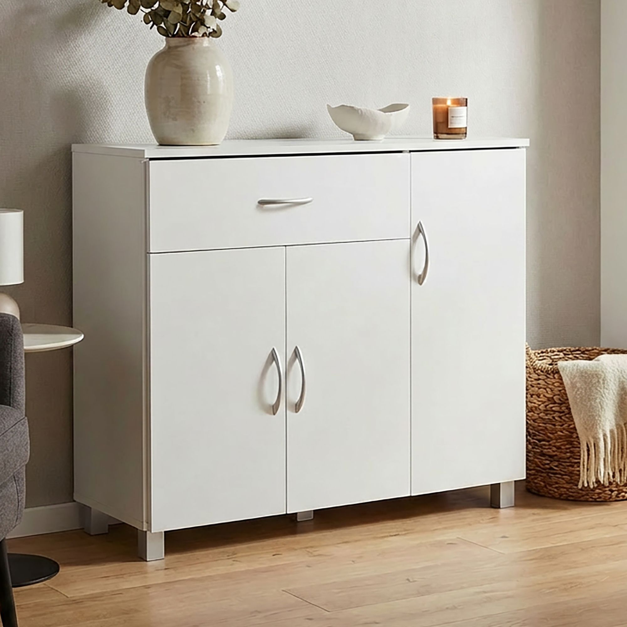 Image of Design Sideboard 90 X 75 X 30 Cm, Cabinet With 1 Drawer 3 Doors, Modern Bedroom Dresser, Dining Room Sideboard, Narrow Shoe Cabinet With Drawer