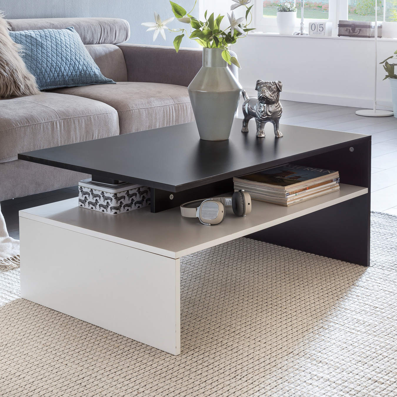 Living Room Table 90 X 60 Cm With Shelf, Wood, Two-piece Design Coffee Table With Storage, Modern Corner Sofa Table, Large & Tall Lounge Table