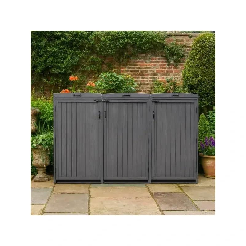 Image of Deluxe 3 Bay Wheelie Bin Storage – Grey Wooden Outdoor Bin Shed With Hydraulic Lid