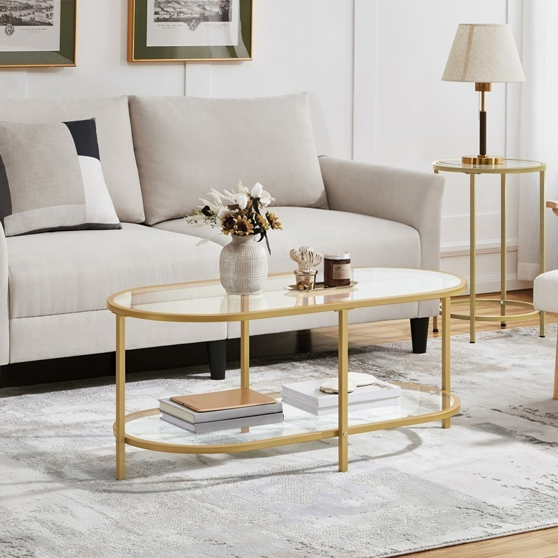   tempered glass coffee table double layer oval coffee table modern minimalist clear glass living room coffee table with storage furniture for home gold black