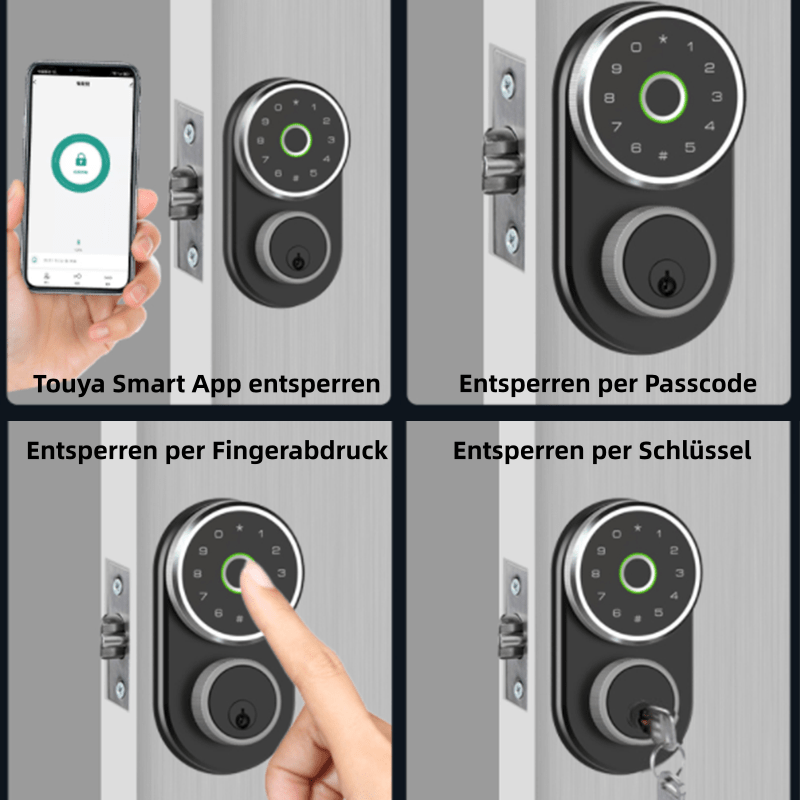 Intelligentes Türschloss mit vierEntriegelungsmethoden: FingerabdruckPasscode,Bluetooth-Geste und temporärerPasscode:inklusive mechanischem Schlüssel.Ausgestattet mit physischer Reset-Taste undTyp-C-Backup-Stromanschluss
