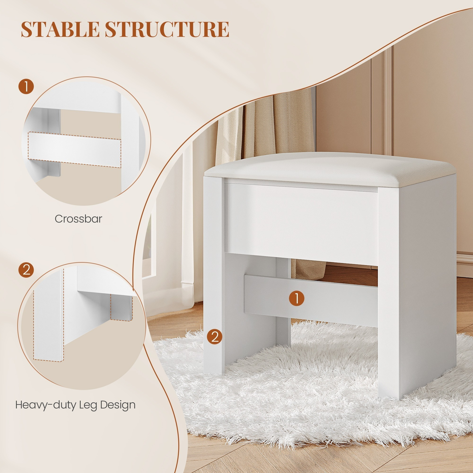 TEMU Tabouret de coiffeuse, tabouret à siège rembourré avec patins antidérapants, convient pour dressing, chambre, entrée, 30 × 40 × 44 cm, blanc