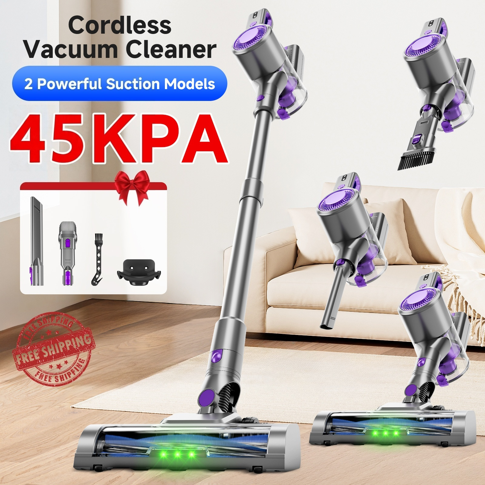 Cordless Upright Vacuum Cleaner 45kpa Powerful Suction, Up To 45mins Vacuum Cleaners For Home, Lightweight Design, 8 In 1 Lightweight Vacuum For Hardwood Floor Carpet Pet Hair