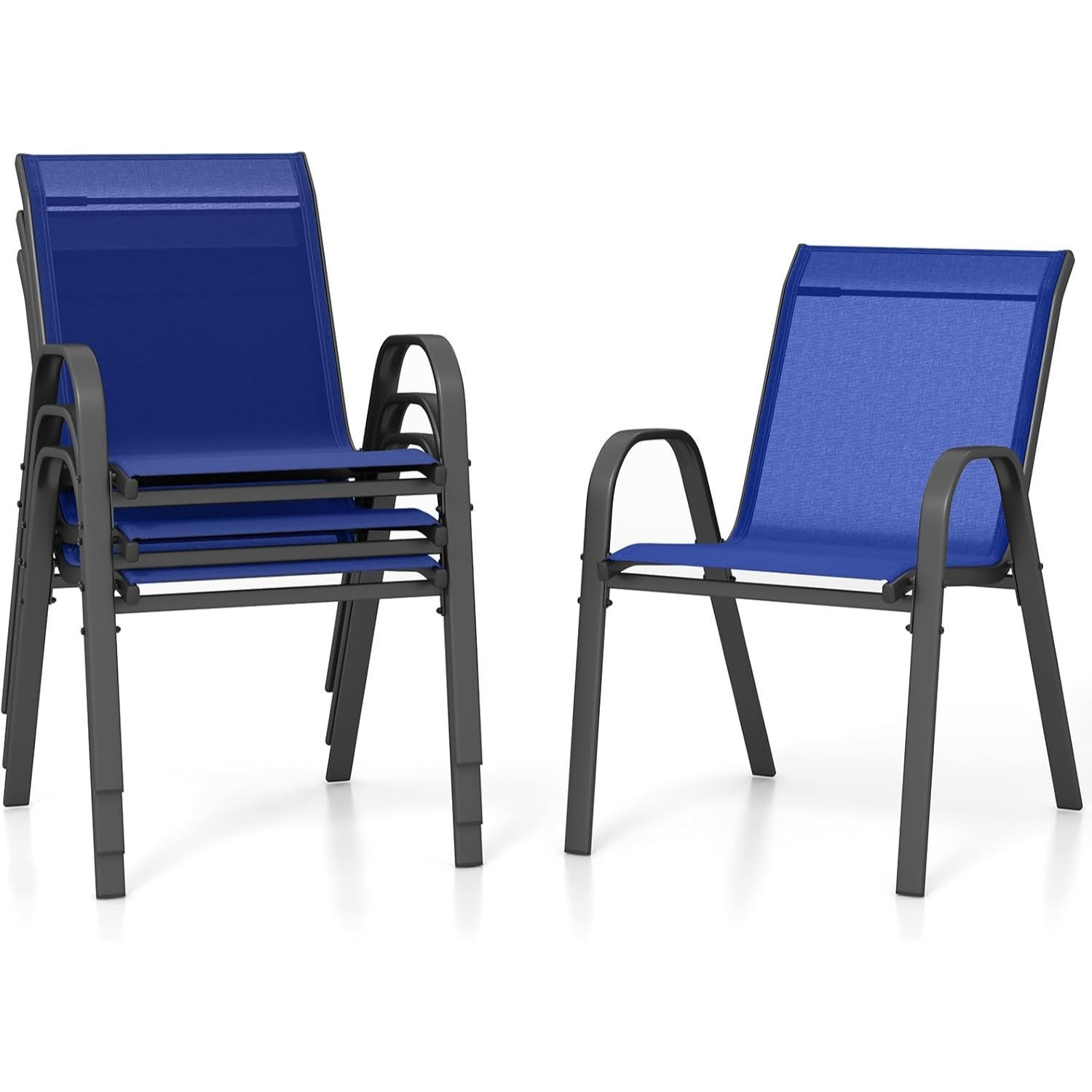 Set Of 4 Stackable Garden Chairs, Comfortable Patio Chair With Backrest, Metal And Textilen
