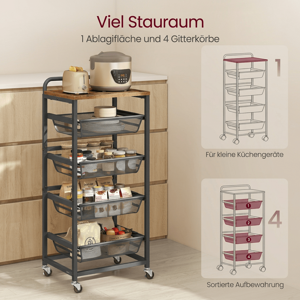 Image of Cart With , Serving Cart With Pull-out Baskets, Kitchen Shelf On Wheels, Handle, 31.7 X 40 X 95 Cm, Suitable For Kitchens, Bathrooms, And Interior Courtyards.