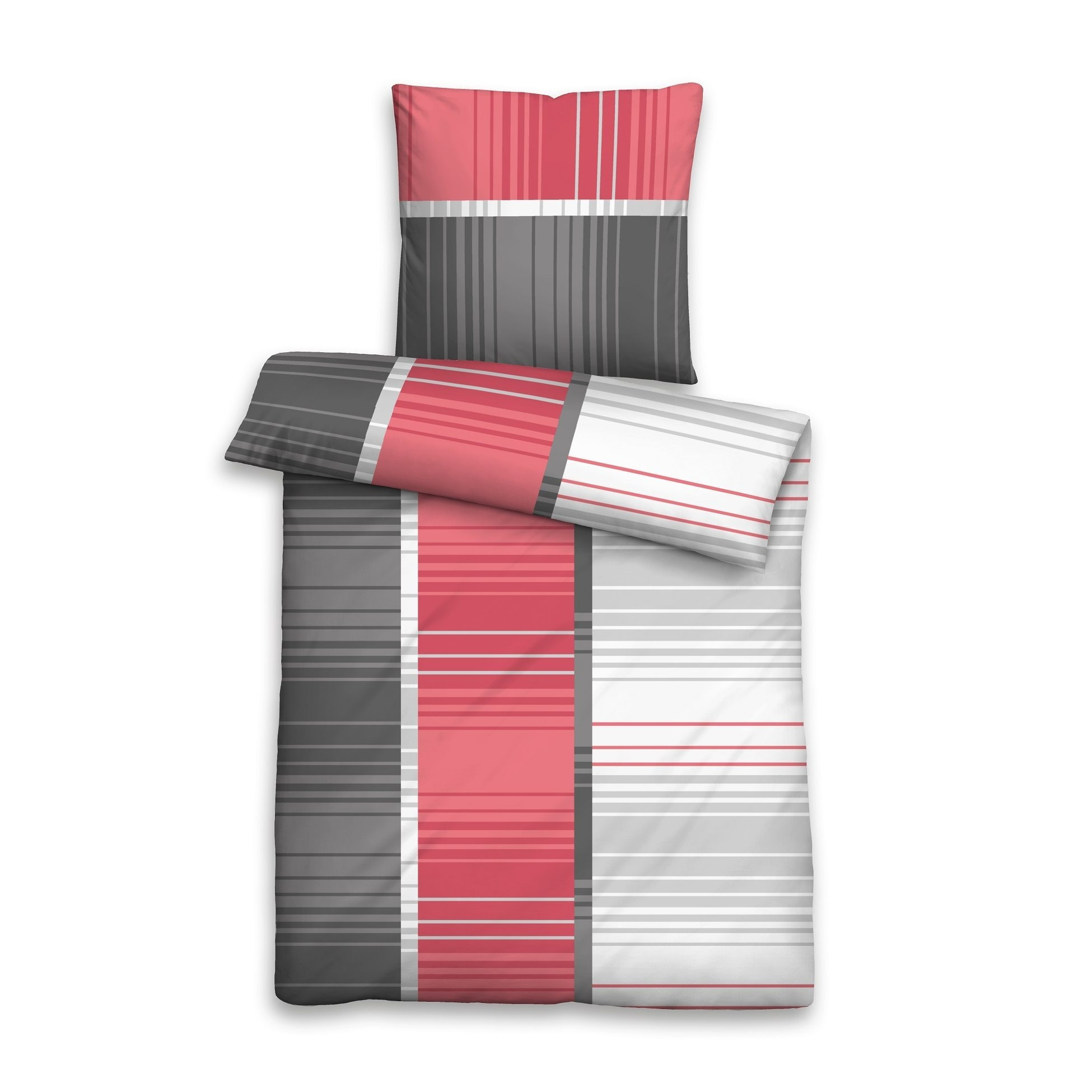 E-shop 2 tlg Bettwäsche Set 135x200 cm + 80x80 cm – Grau Rot Streifen – Weich – Reißverschluss