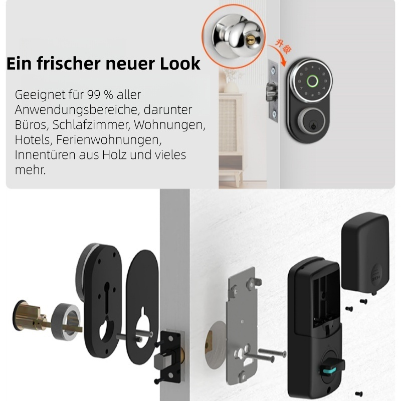 Intelligentes Türschloss mit vierEntriegelungsmethoden: FingerabdruckPasscode,Bluetooth-Geste und temporärerPasscode:inklusive mechanischem Schlüssel.Ausgestattet mit physischer Reset-Taste undTyp-C-Backup-Stromanschluss
