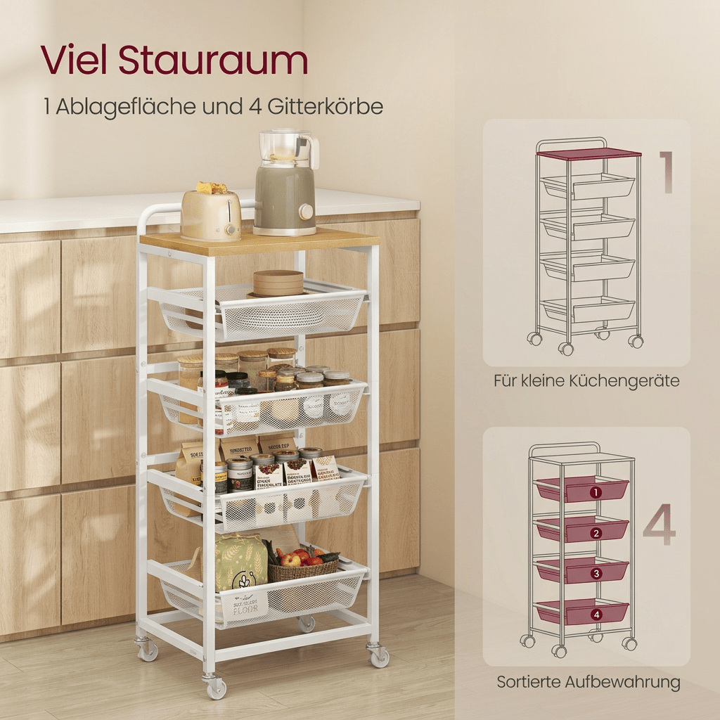 Image of Cart With , Serving Cart With Pull-out Baskets, Kitchen Shelf On Wheels, Handle, 31.7 X 40 X 95 Cm, Suitable For Kitchens, Bathrooms, And Interior Courtyards.