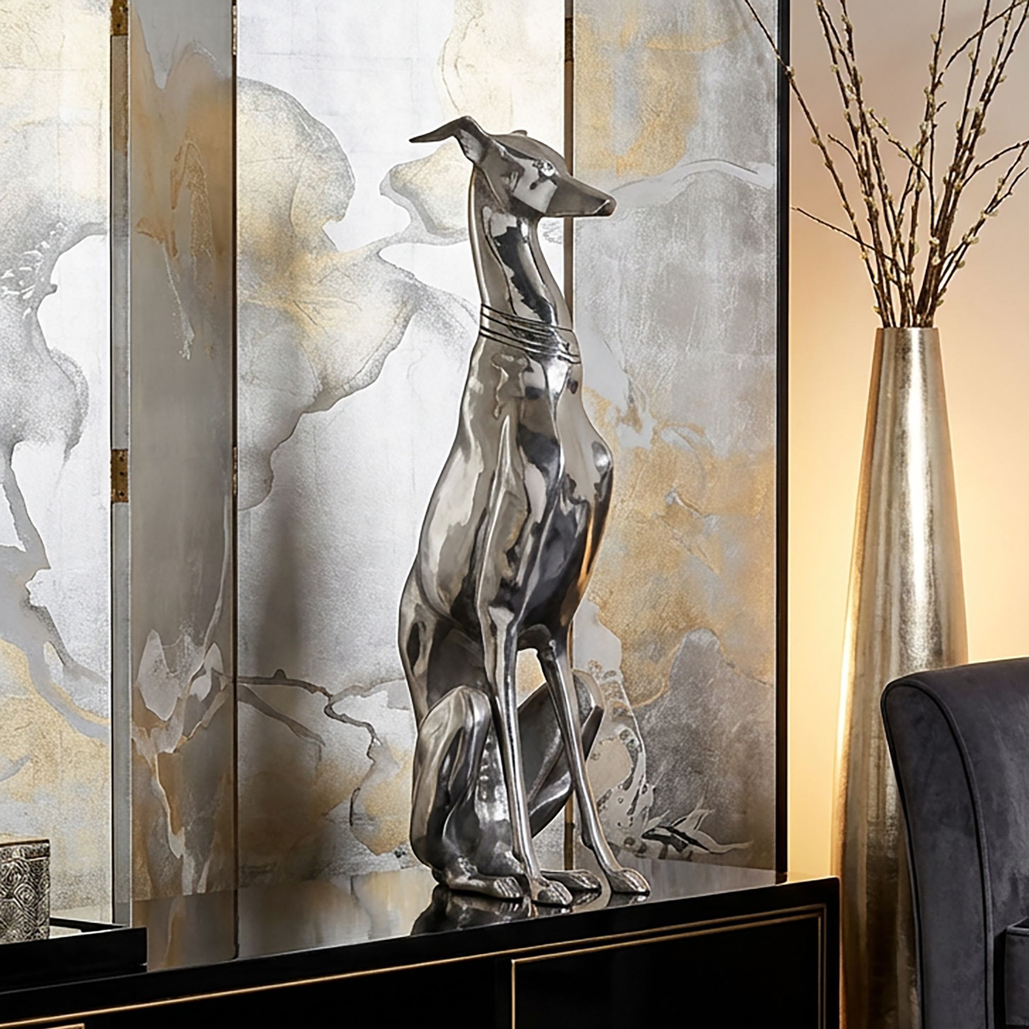 Decoration In Silver Aluminum, Greyhound Sculpture, Dog Statue