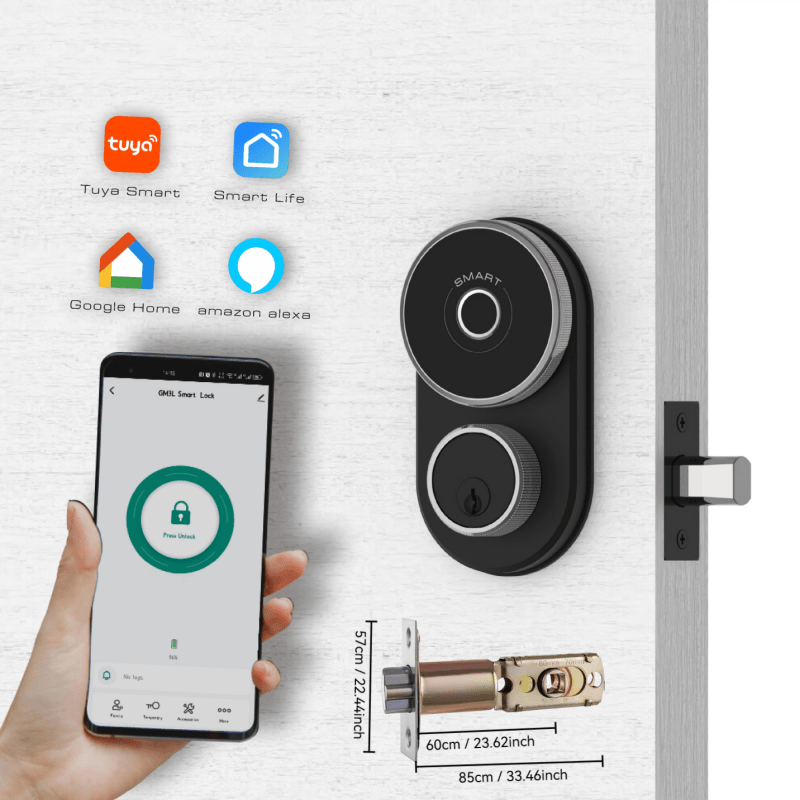 Intelligentes Türschloss mit vierEntriegelungsmethoden: FingerabdruckPasscode,Bluetooth-Geste und temporärerPasscode:inklusive mechanischem Schlüssel.Ausgestattet mit physischer Reset-Taste undTyp-C-Backup-Stromanschluss
