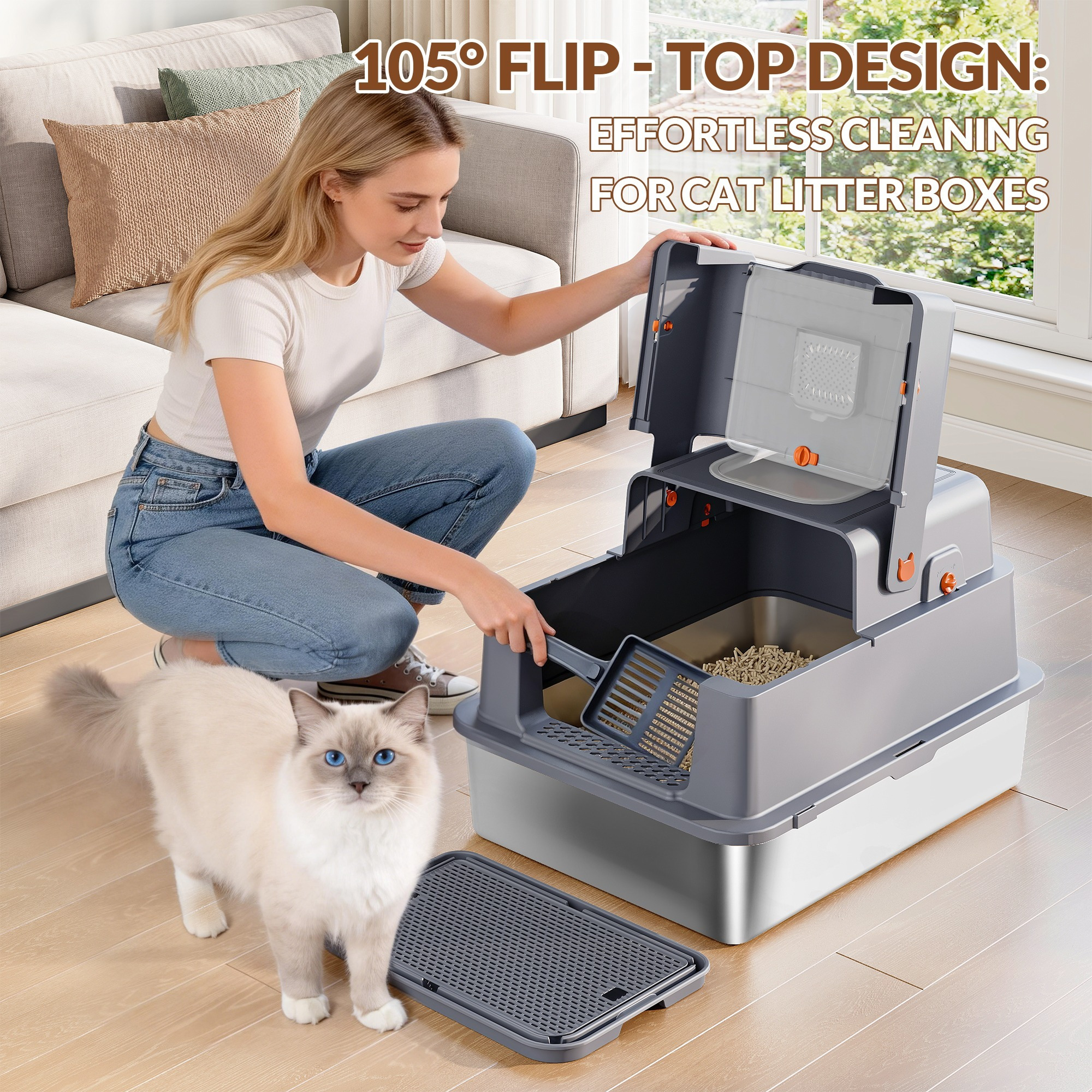 Stainless Steel Cat Toilet With Lid, Extra Large, Closed, Removable Metal Toilet, 70 X 50 X 42 Cm, 105° Foldable Lid, Including Foot Pedal And Shovel, Modular Design, , Dark Grey.