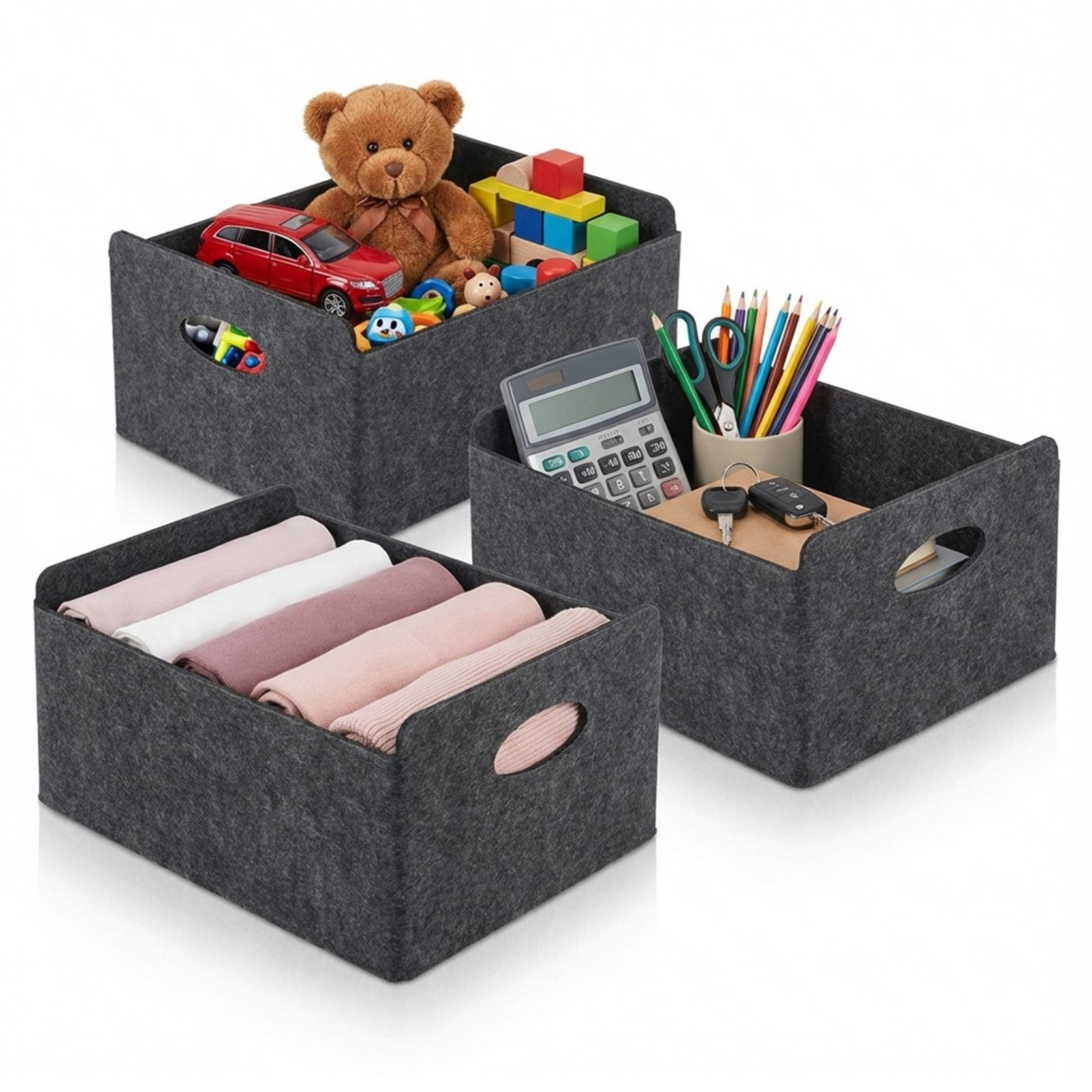 E-shop 3er-Set faltbare Polyester-Felt Aufbewahrungskörbe mit Handles - stapelbare Multi-Use Organizer-Bins für Kleider, Towels, Accessories -